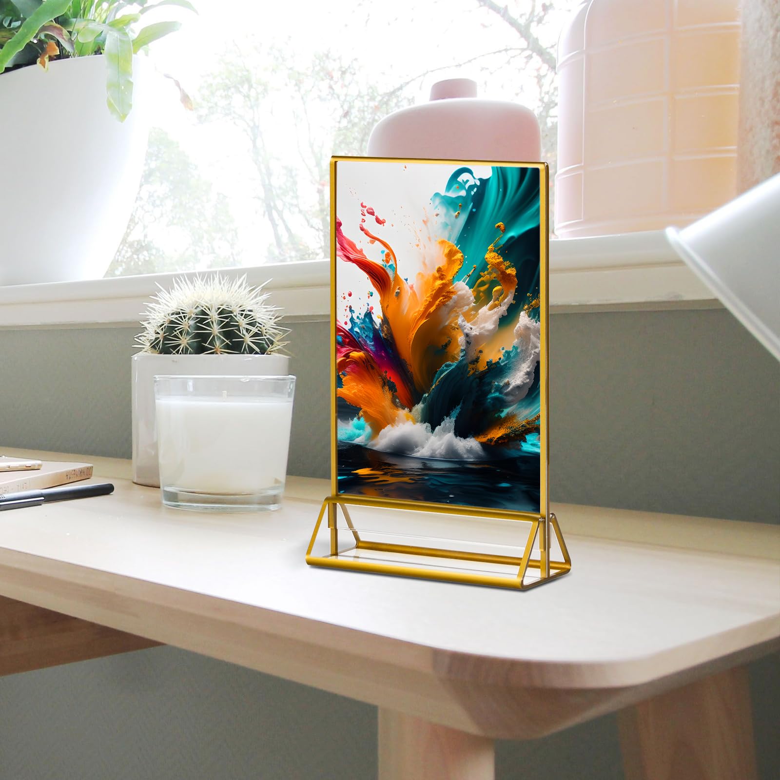 CECOLIC Lot de 6 Supports de Panneau en Acrylique Avec Bordures Dorées, Supports de Menu Double Face, Cadres Photo Transparents pour Panneaux de Menu, Numéros de Table de Mariage (10,2 x 15,2 cm)