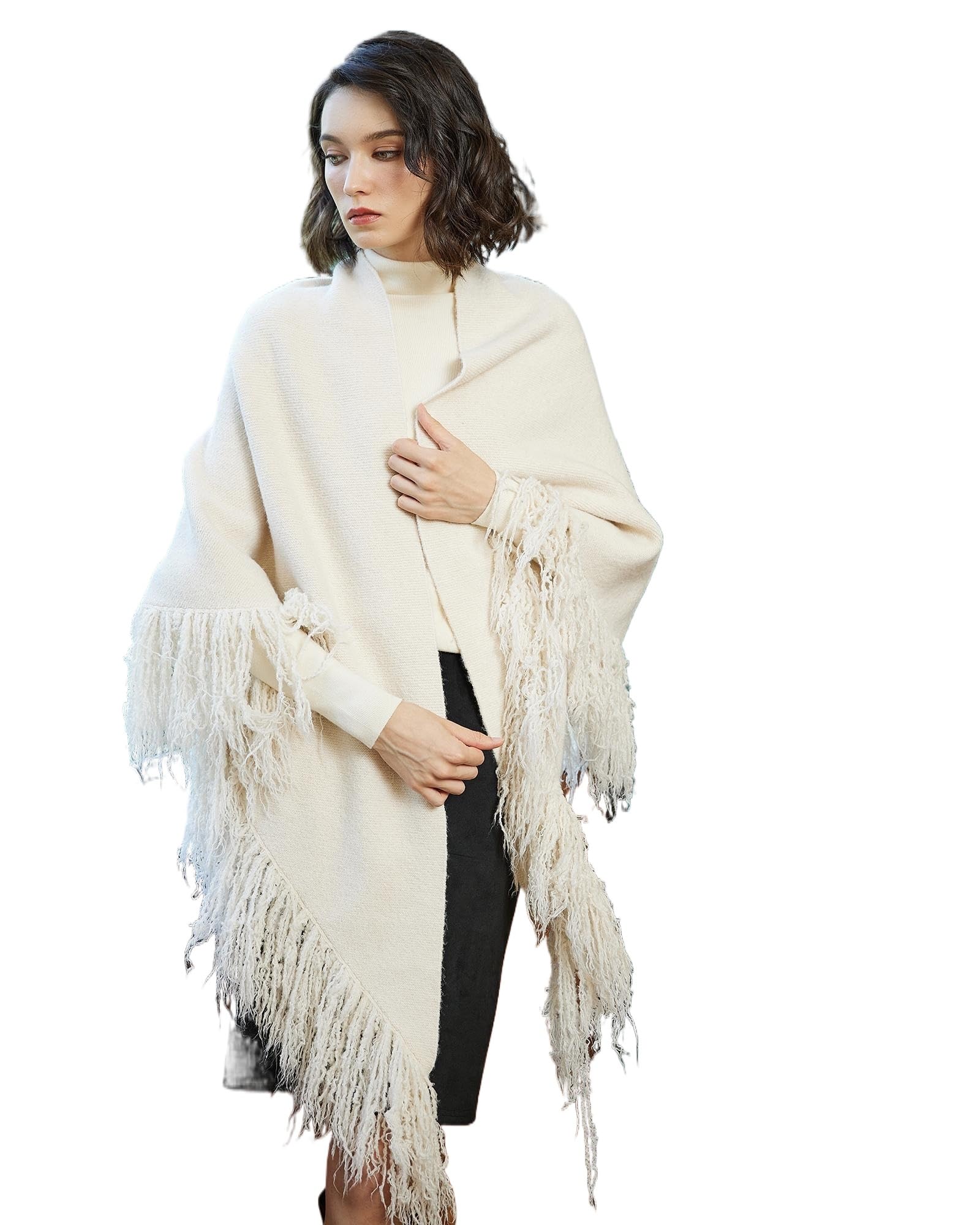 BEAUTELICATE Bufanda de Mezcla de Lana Mujer Capa Poncho de Punto Triangular Pashmina Chales con Flecos para Otoño Invierno Talla Grande