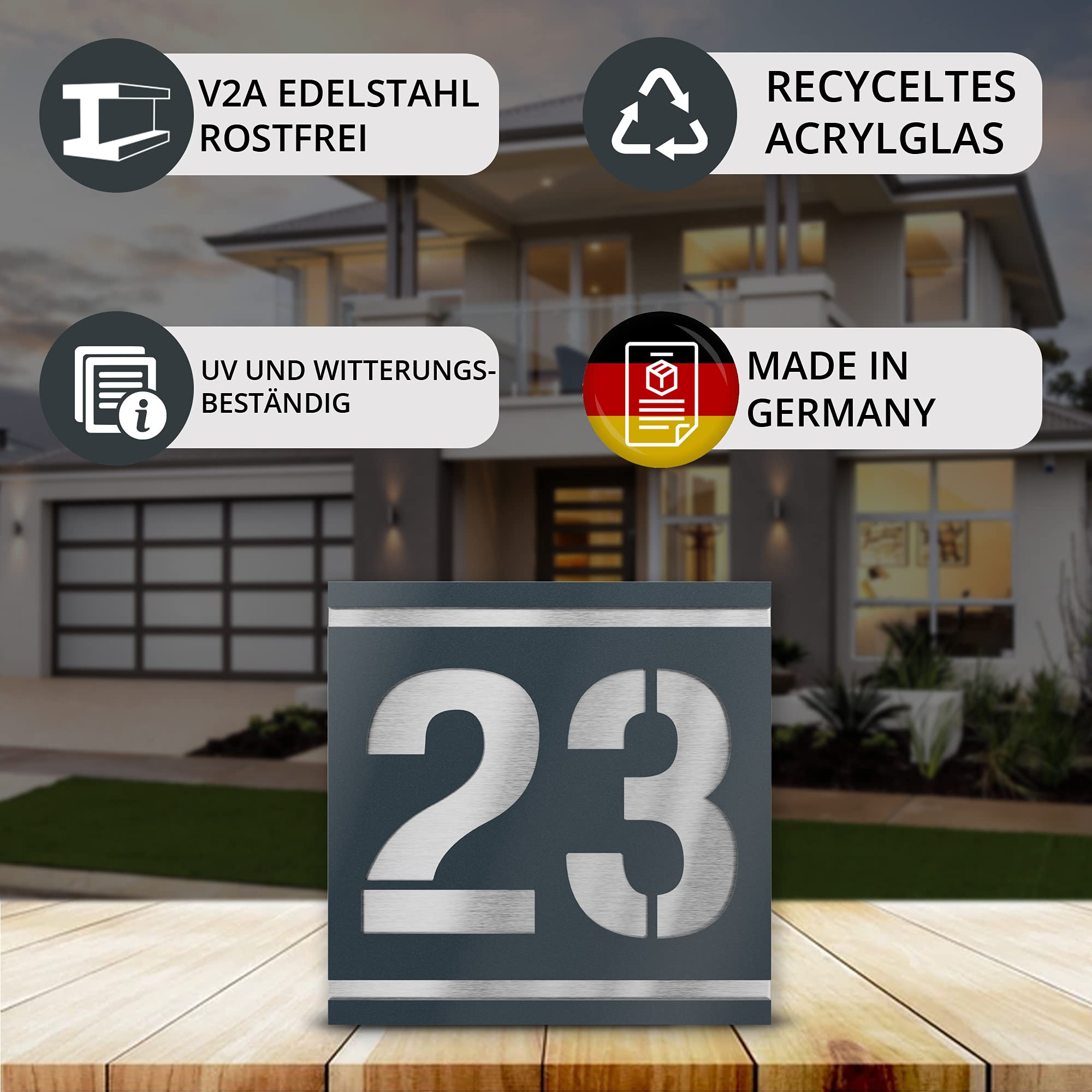 placa número para casa exterior – 230x230 mm, acabado antracita RAL 7016, acero inoxidable V2A (AISI 304), personalizable