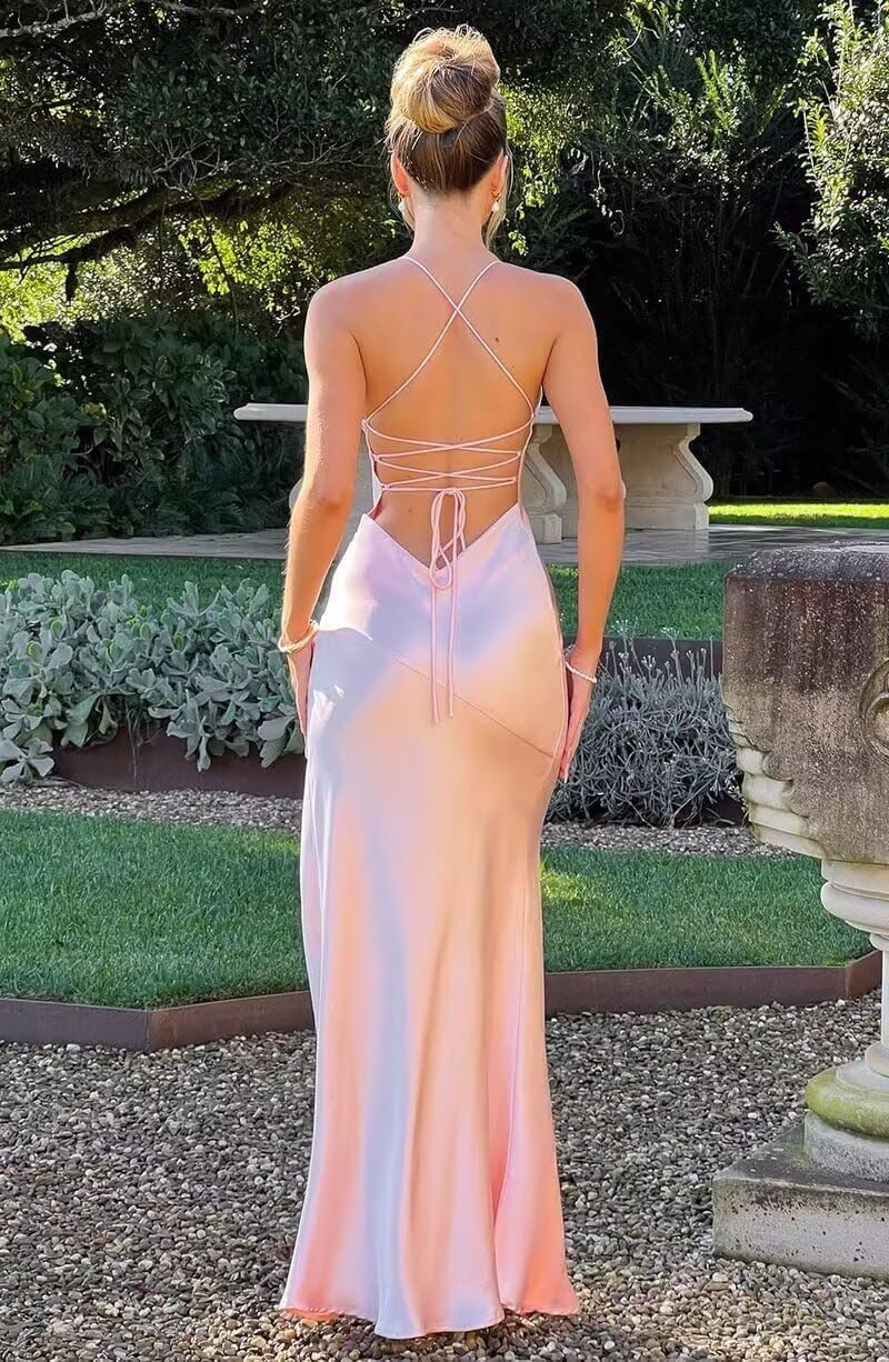 Satin Bridesmaid Dresses for Women Spaghetti Straps Prom Dresses Long V Neck Evening Gown with Slit