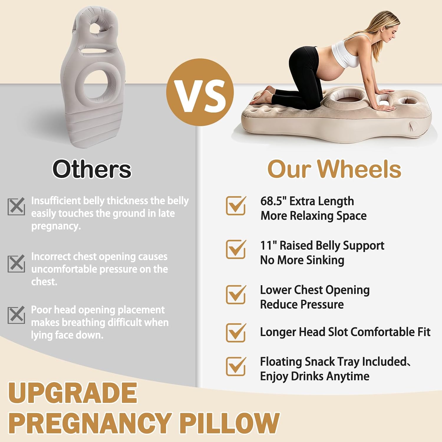 Inflatable Pregnancy Sleep Pillow: for Stomach Sleeping Full Body Mattress with Belly Hole Maternity Airbed for Pregnant Women Pregnancy Rest,Back & Hip Pressure Relief (Khaki)