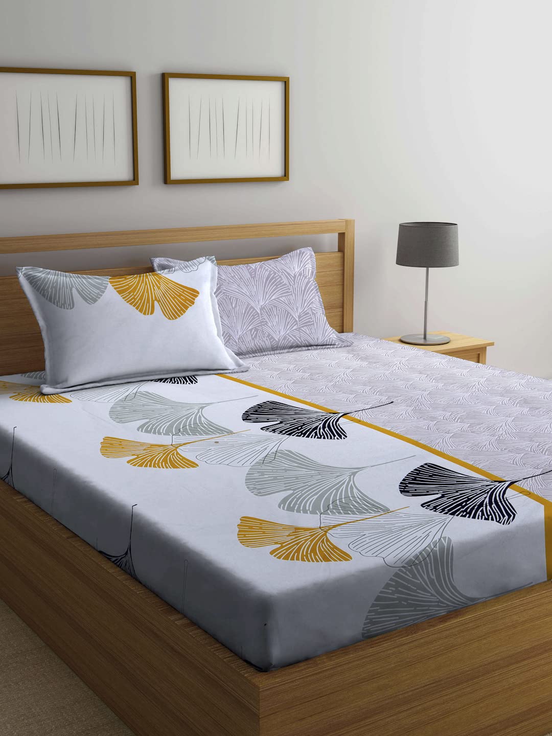 Arrabi Grey Leaf TC Cotton Blend Double King Size Bedsheet with 2 Pillow Covers | ARBS-1533-Grey