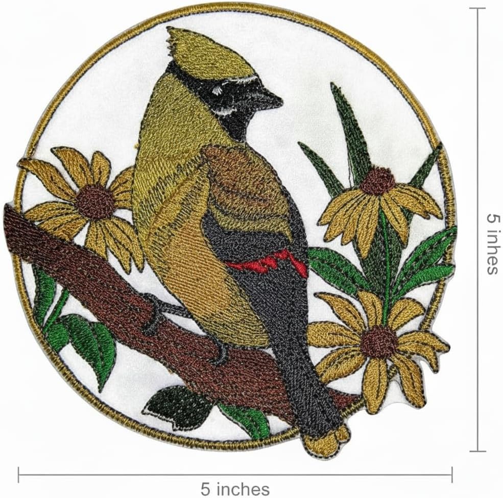 Nature Weaved in Threads, Amazing Birds Kingdom [Cedar Waxing and Blackeyed Susan Circle [Custom and Unique] Embroidered Iron on/Sew Patch [5" *5"] [Made in USA]