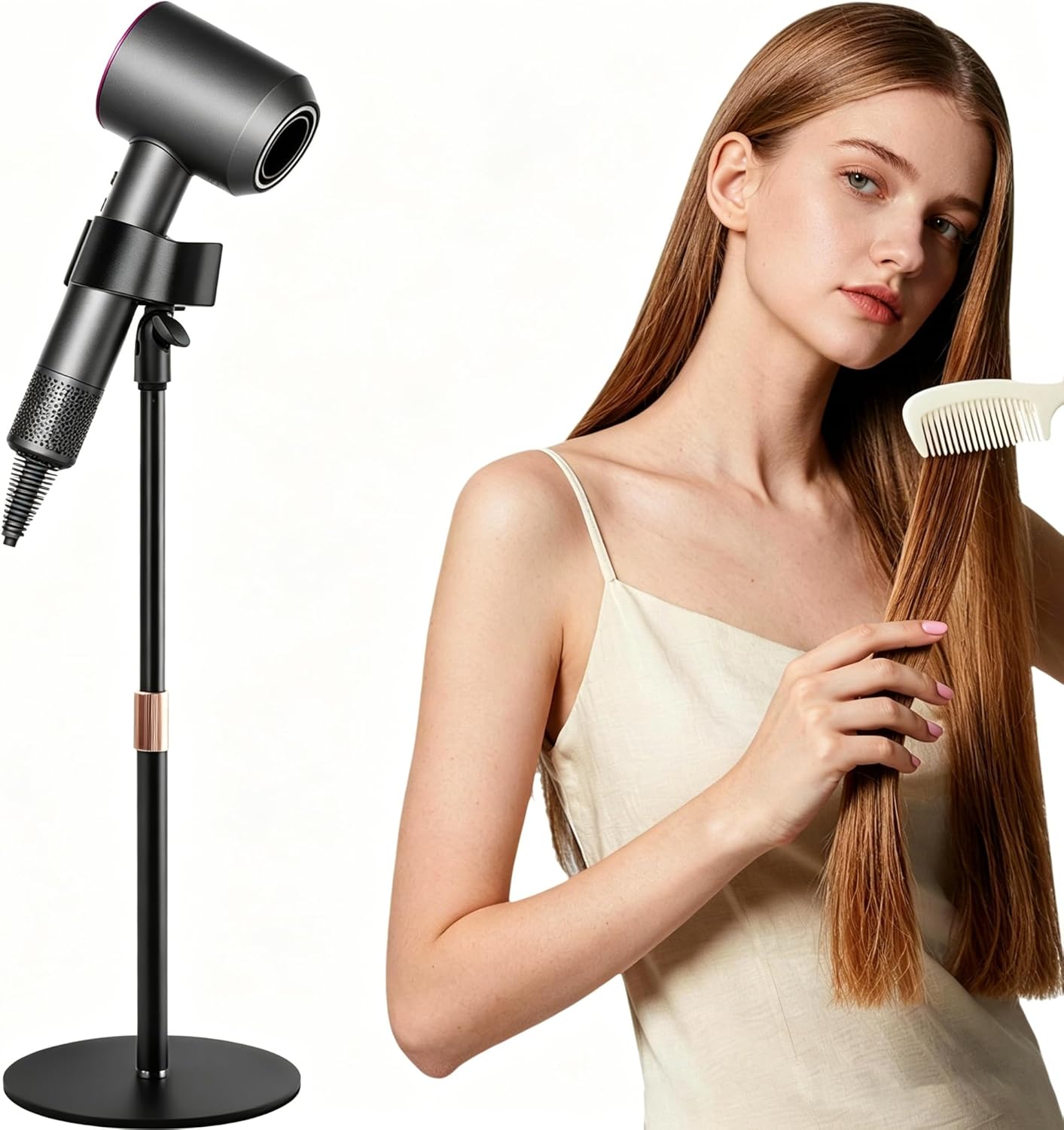 BILIONE Hair Dryer Stand Holder, Height Adjustable Countertop Blow Dryer Holder, 360° Rotating, Heavy Duty Non-Slip Base＆Universal Clip, Compatible with 99% of Hair Dryers
