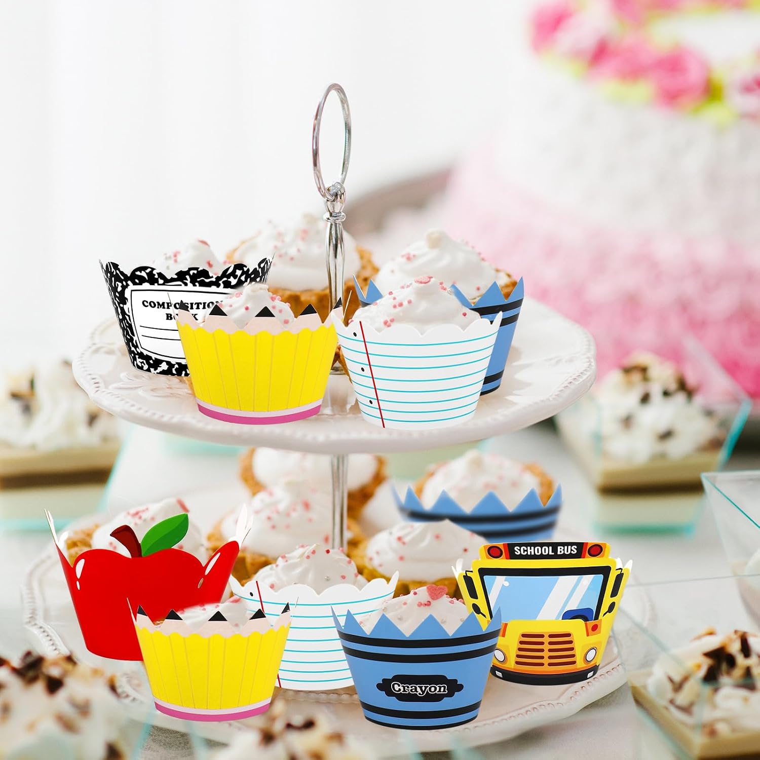 FYSUIMU 48Pcs Back to School Cupcake Wrappers Cupcake Liners Pencil Notebook Composition Crayon Decorative Dessert Holders for Home Classroom Party Supplies, 6 Designs image 5