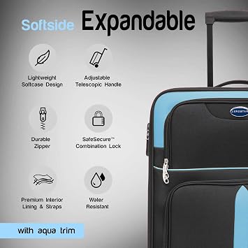 Aerostar Medium 26” Lightweight Softshell Expandable Suitcase, Check in Luggage 2 Corner Wheels with Integrated Combination Lock (Black/Aqua, 70 litres)