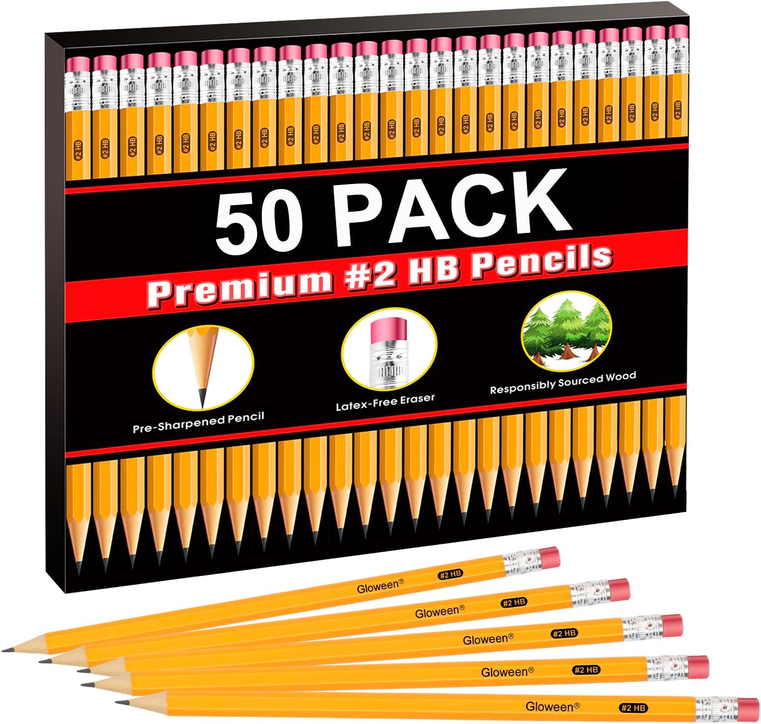 #2 Pencils Bulk, 50 Count Pre-sharpened Wood-Cased 2 HB Soft Yellow Pencils for Writing/Drawing/Sketching, Bulk Pack for Office School Classroom Supplies