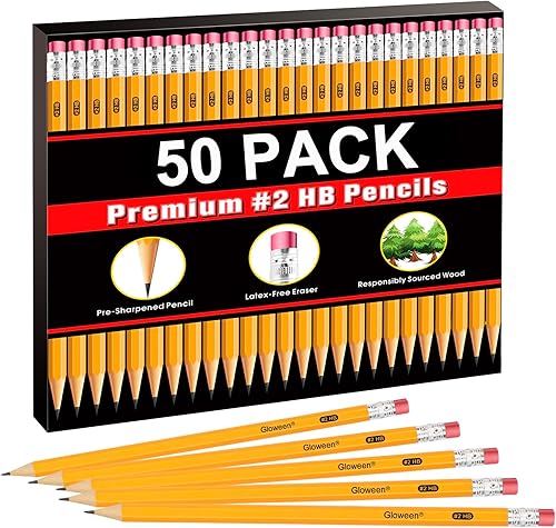 Gloween Paquete de 50 lápices #2, lápices HB preafilados a granel con borradores superiores, gran juego para suministros de oficina, escuela y aula
