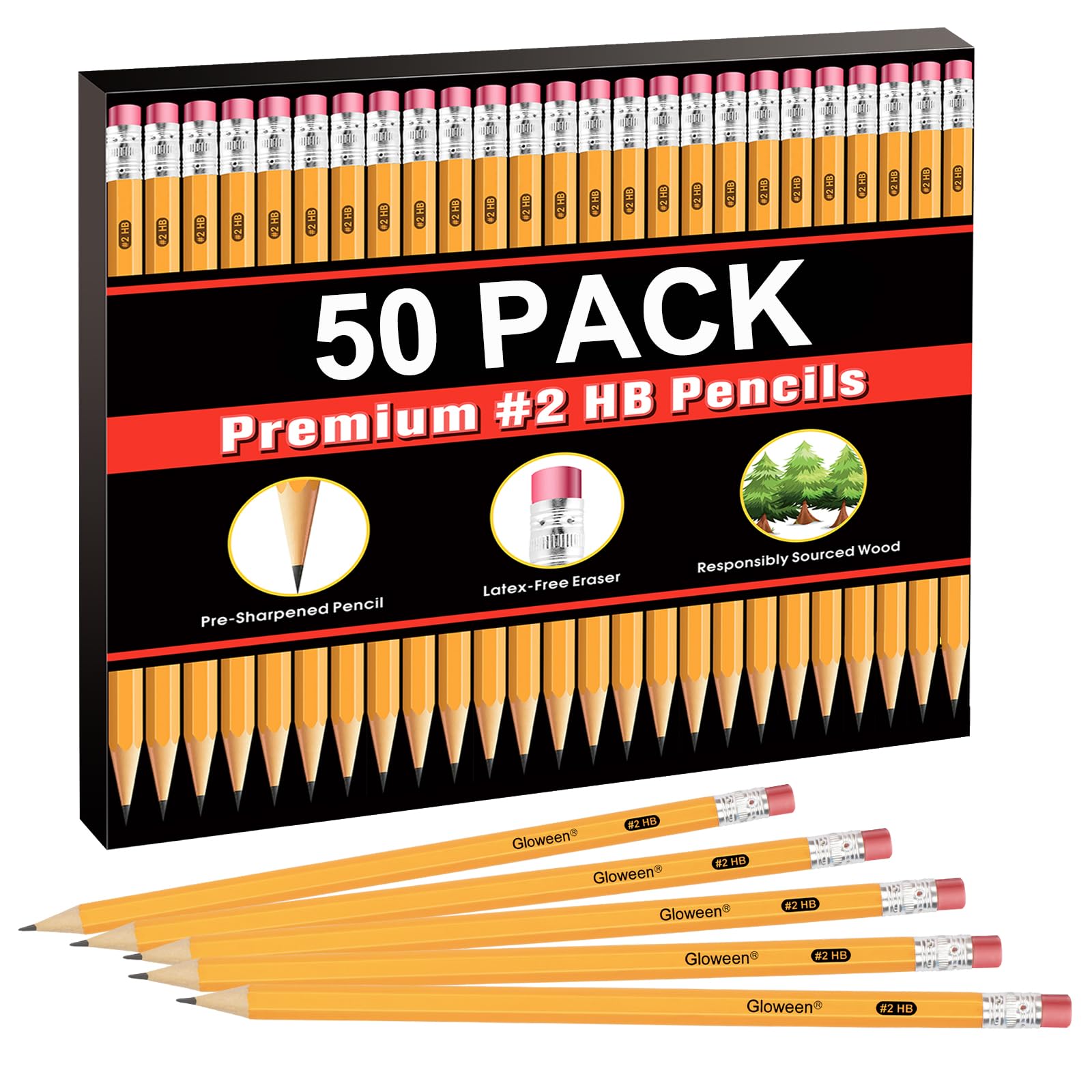 Gloween 50 Pack Pencils #2，Pre-Sharpened HB Pencil Bulk with Top Erasers, Great Set for Office, School, and Classroom Supplies