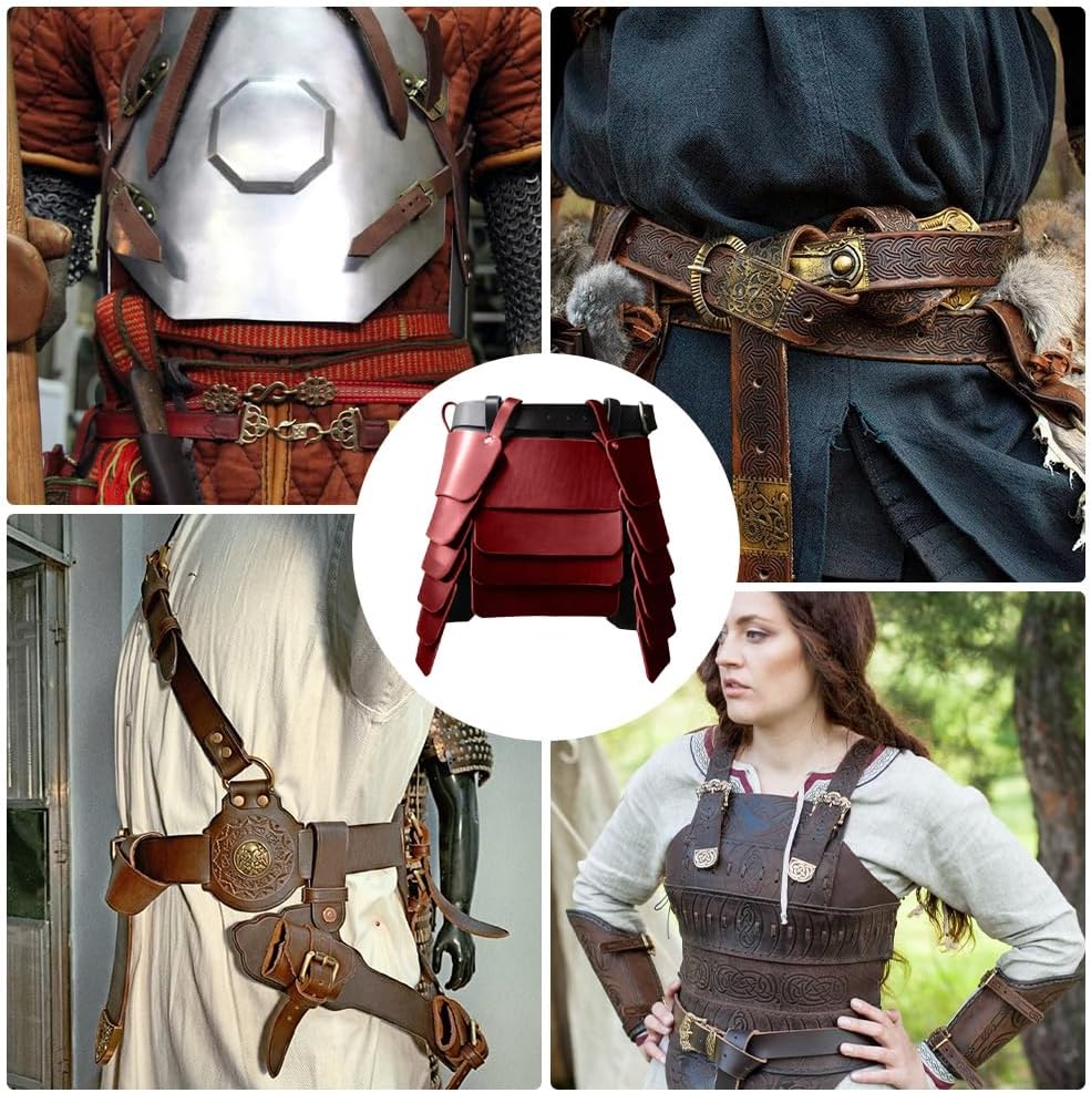 PU Leather Mercenary Knights Skirt Retro Three-Sided Thigh Armor Medieval Viking Wide Waist Belt Armor Skirt with Wide Buckle Belt for LARP Cosplay Costume Make-up Party (Red)