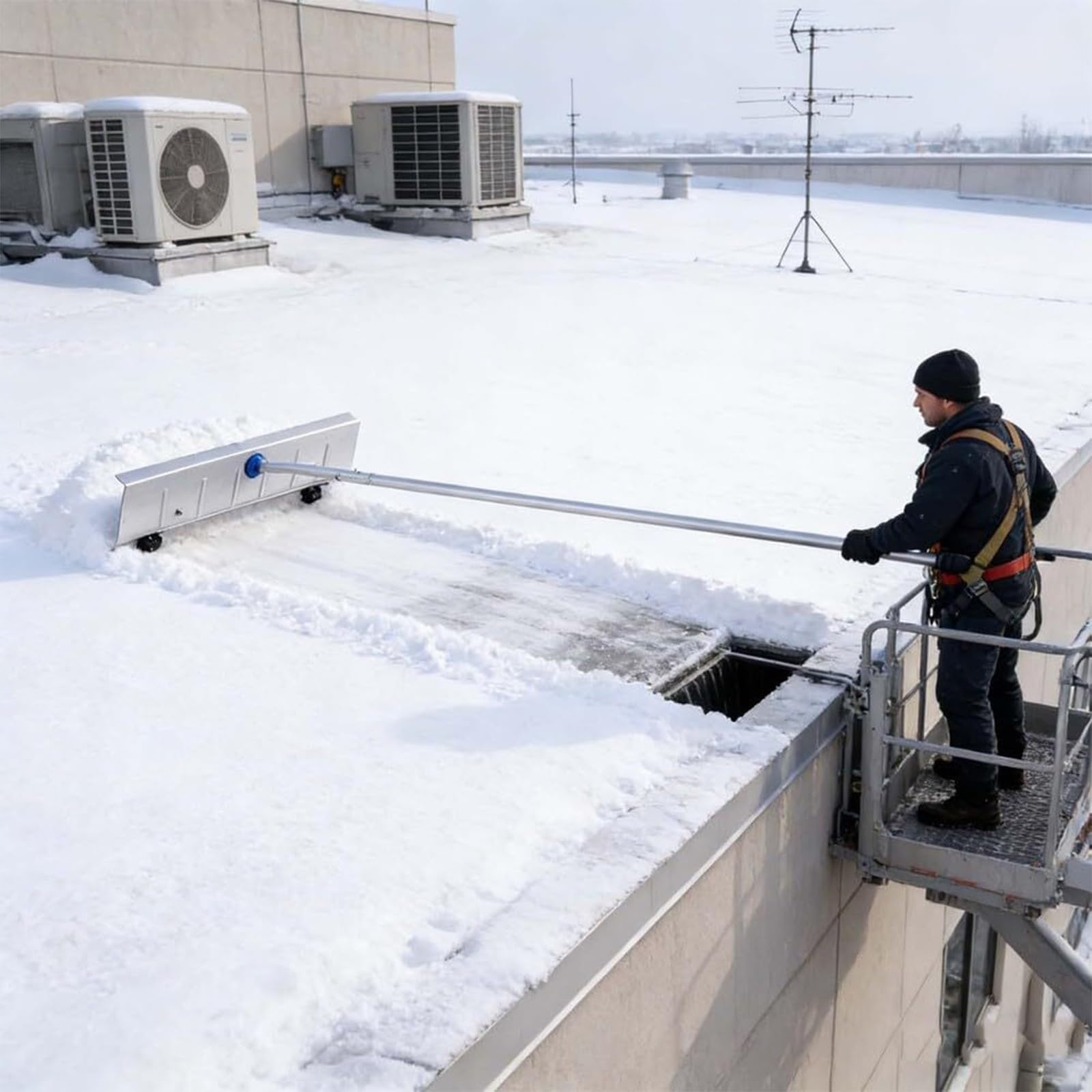 Rastrello da neve da tetto con ruote, palo telescopico regolabile, facile da montare, per la rimozione di detriti da tetto e cortile