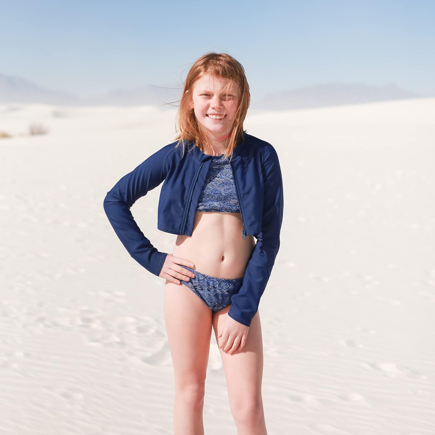 SwimZip Girls' Long Sleeve Zipper Crop Top Rash Guard UPF 50+ Sun Protection
