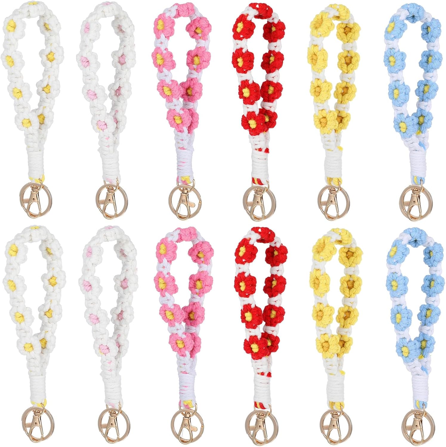 Meyeyaia 12pcs Boho Macrame Keychains Bulk - Handmade Flower Wristlet Keychains, Cute Floral Daisy Designs for Bags & Keys