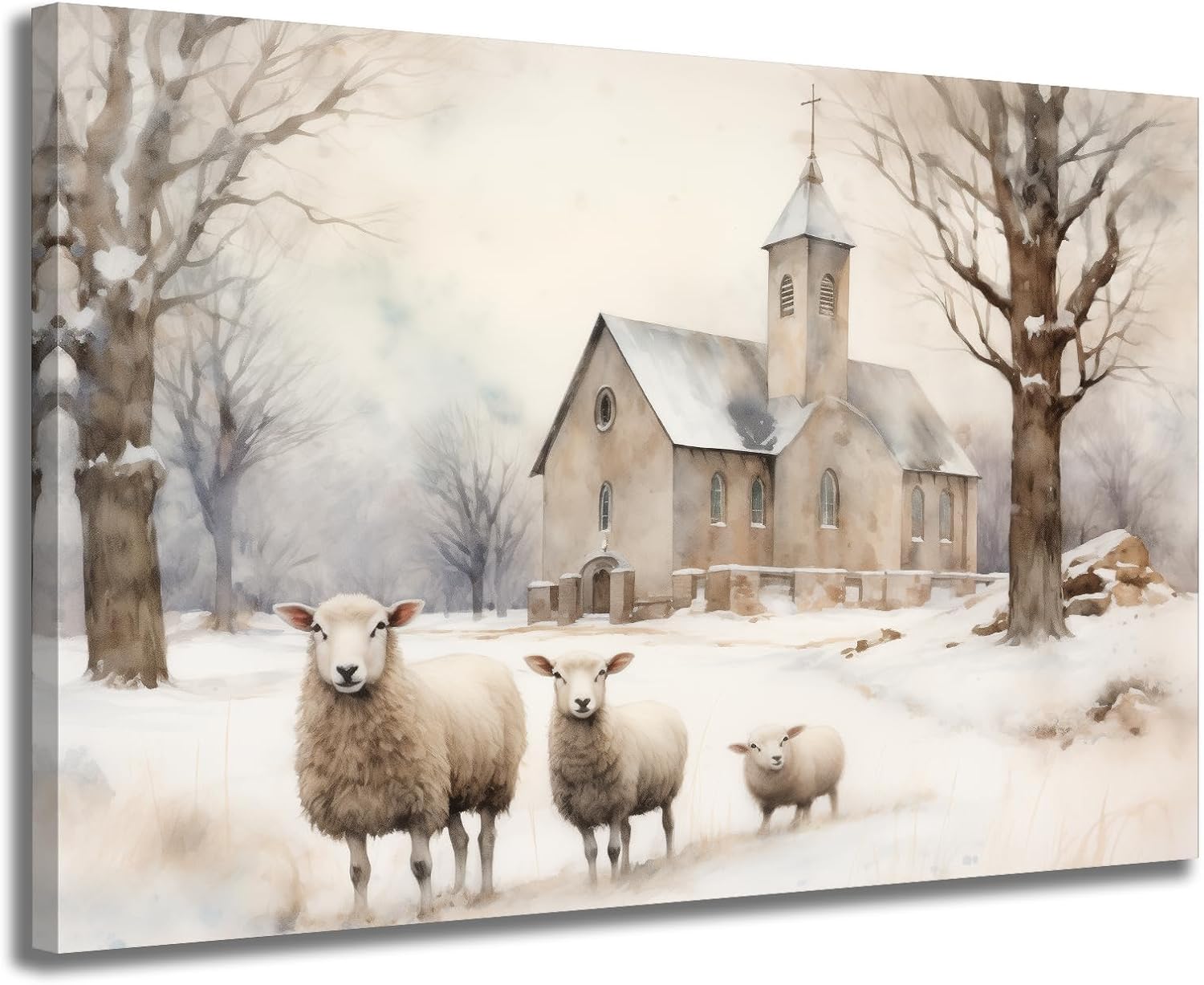 GLOKAKA Farmhouse Decor Wall Art Country Church Canvas Decor Old Church with Sheep in a Snowy Landscape Picture Print Painting Rustic Artwork for Church Living Room Decor