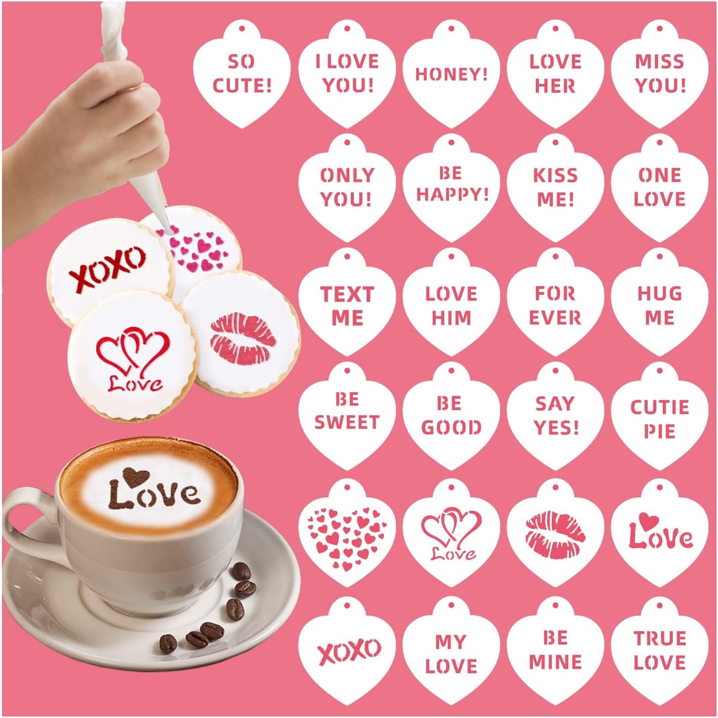 25PCS Valentine Heart Stencils, Reusable Cookie Coffee Cake Stencils for Valentine Decorations, Templates Baking Tools for Decorating Food, Wedding Party Décor