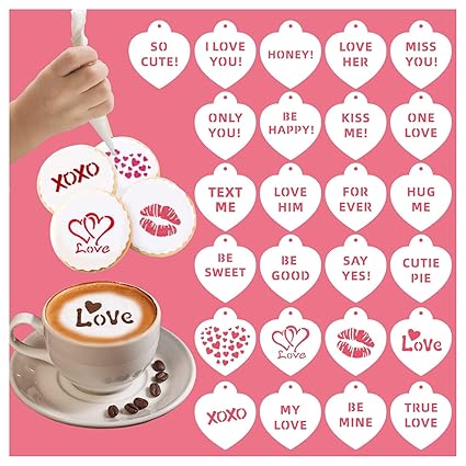 Leesgel Valentines Heart Stencils, 25pcs Reusable Cookie Coffee Cake Stencils for Valentines Decorations, Templates Baking Tools for Decorating Food, Wedding Party Decor