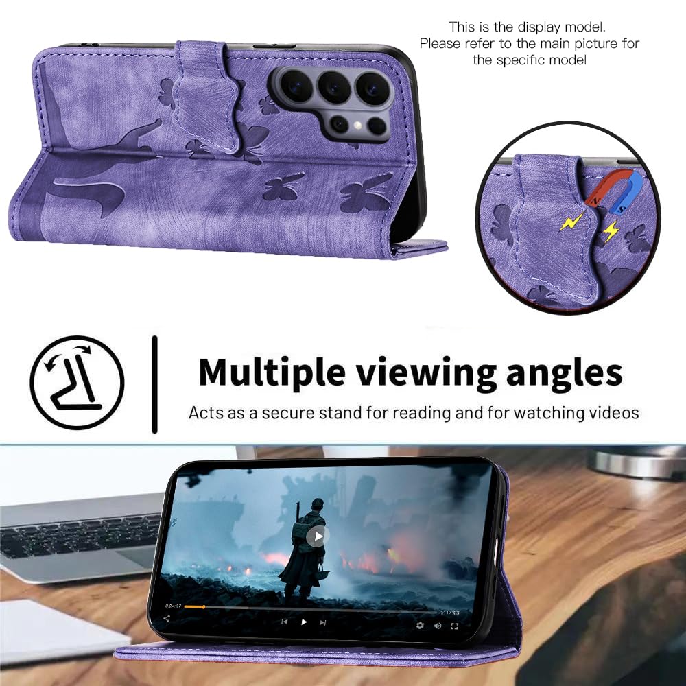 LSPCASA Cover per Samsung Galaxy S26 Ultra Custodia Cover Premium Pelle PU Portafoglio a Libro Flip Case Con Slot Per Schede e Funzione Supporto Gatto farfalla Custodia per Galaxy S26 Ultra Viola