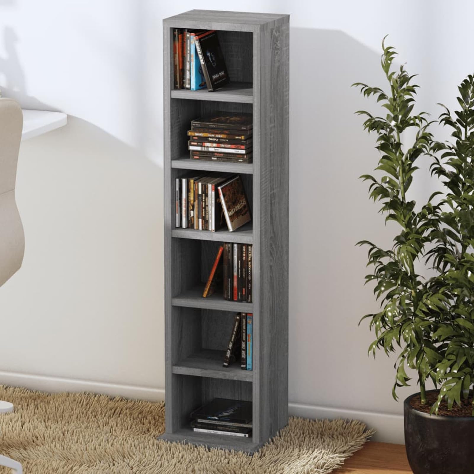 Homgoday Sonoma - Armadietto per CD, 21 x 20 x 88 cm, in legno di ingegneria, con 6 scomparti aperti, mobile portaoggetti per CD e DVD per soggiorno, camera da letto, ufficio