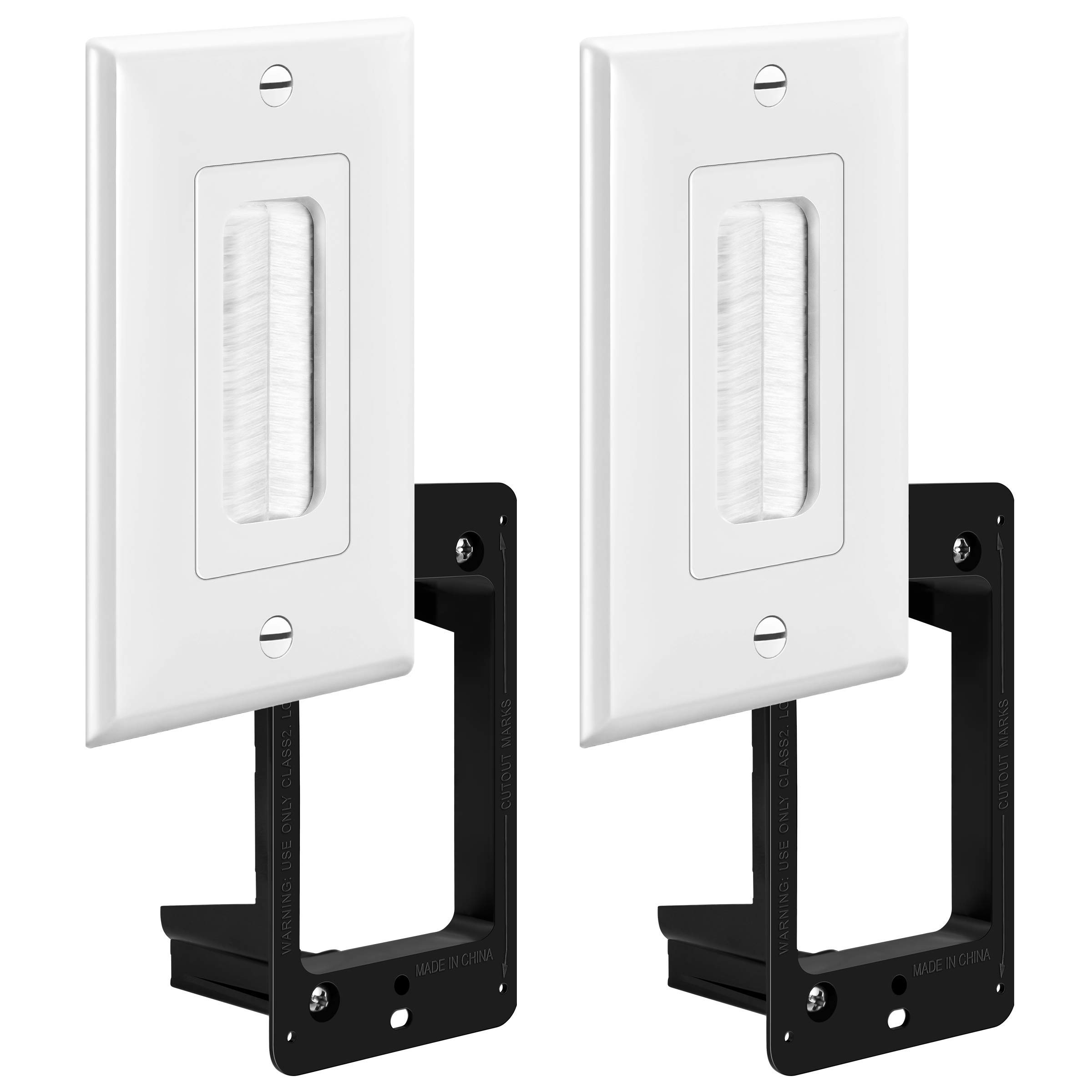 TOPGREENER Bristled Brush Wall Plate with Mounting Brackets, Pass-Through Wall Plate for Low Voltage Cables, Mid-Size 1-Gang 4.88" x 3.11", Polycarbonate Thermoplastic, TG8891MB-2PCS, White, 2 pack