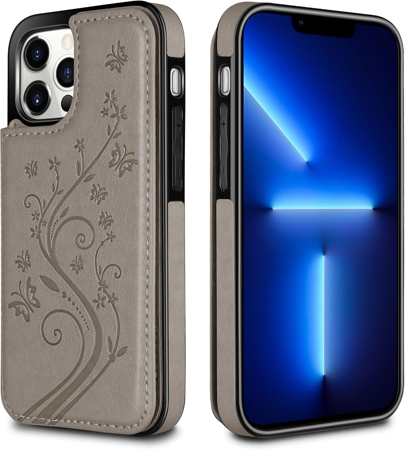 HianDier Wallet Case Compatible with iPhone 13 Pro MAX Case 5G 6.7-inch Slim Protective with Credit Card Slot Holder Flip Folio Soft PU Leather Magnetic Closure Cover, Butterfly Gray - Image 6