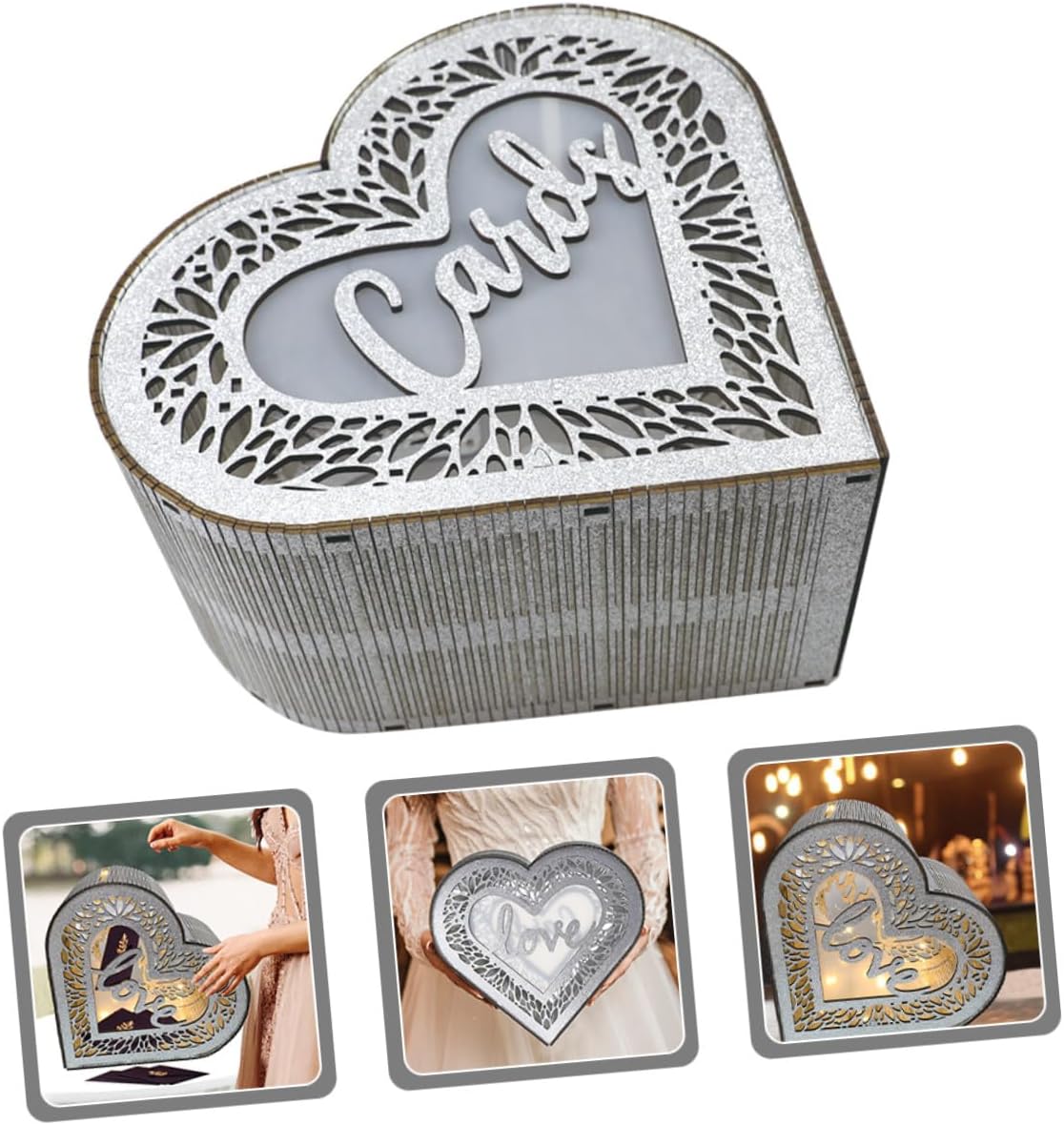 Wooden Heart-shaped Greeting Cards Box Hollow Design Glitter Decoration Envelope Money Card Holder Wedding Birthday Container for Party Events