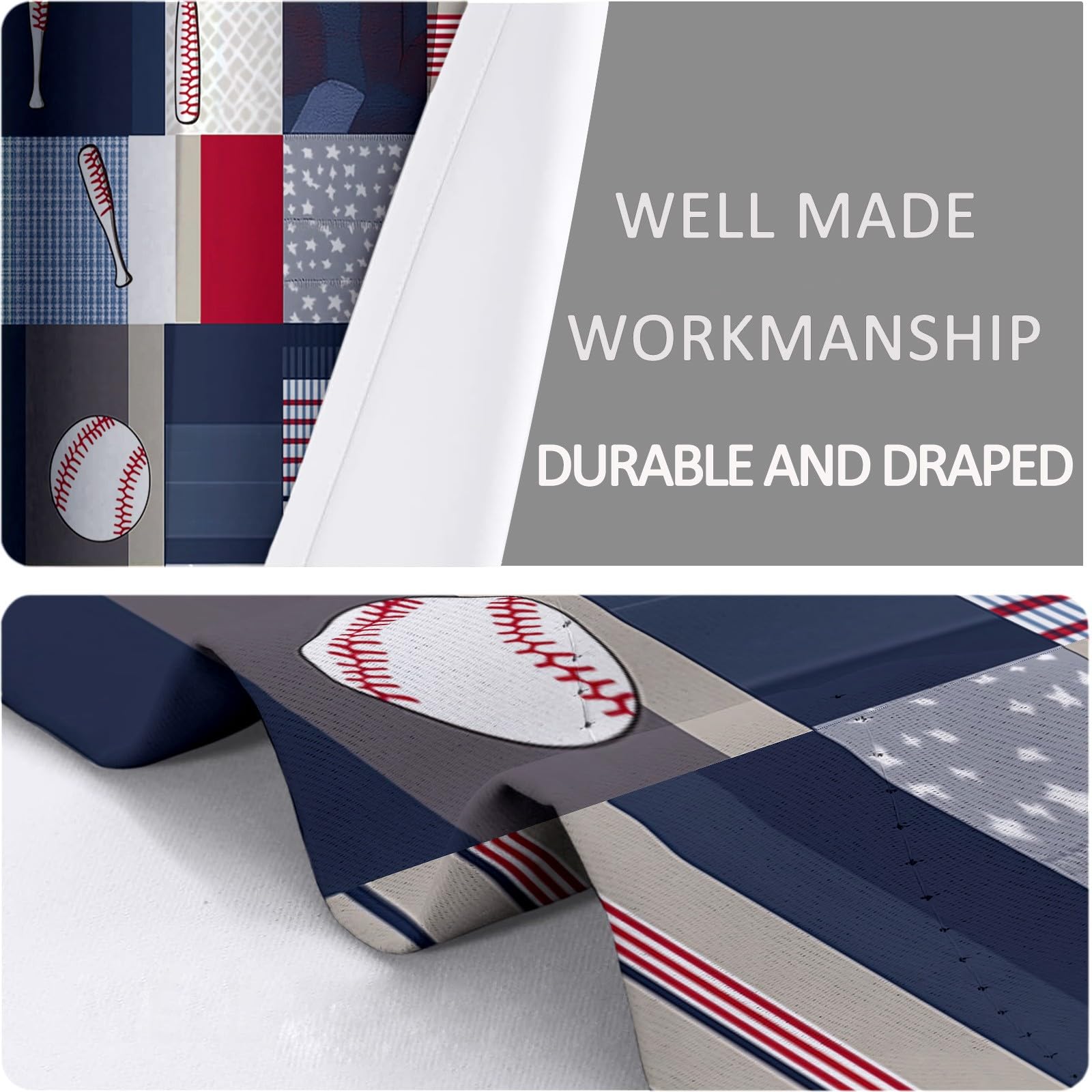 Generisch Blickdicht Vorhang Ösenschal Verdunkelungsvorhang 3D Patchworkmuster Baseball-Thema Gardinen Kinderzimmer Wohnzimmer Thermovorhang Polyester Vorhänge H215 x B110 cm 2Er Set
