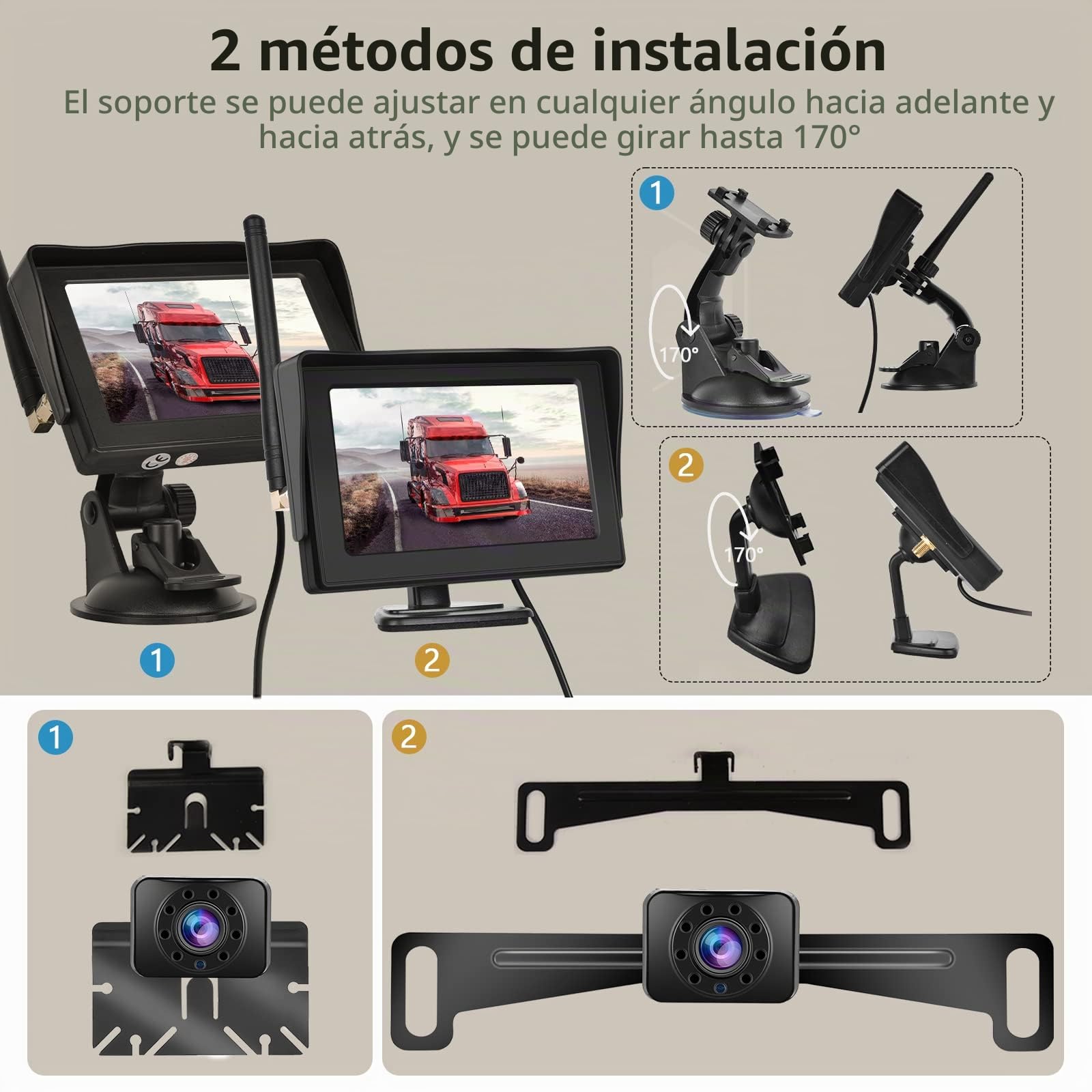 Hodozzy 4,3 Pulgadas Kit de Cámara Trasera Digital Inalámbrica con Monitor Pantalla IPS y Camara AHD Visión Nocturna Impermeable IP68 Cámara de Marcha Atrás Inalámbrico 12V para Automóviles Camiones