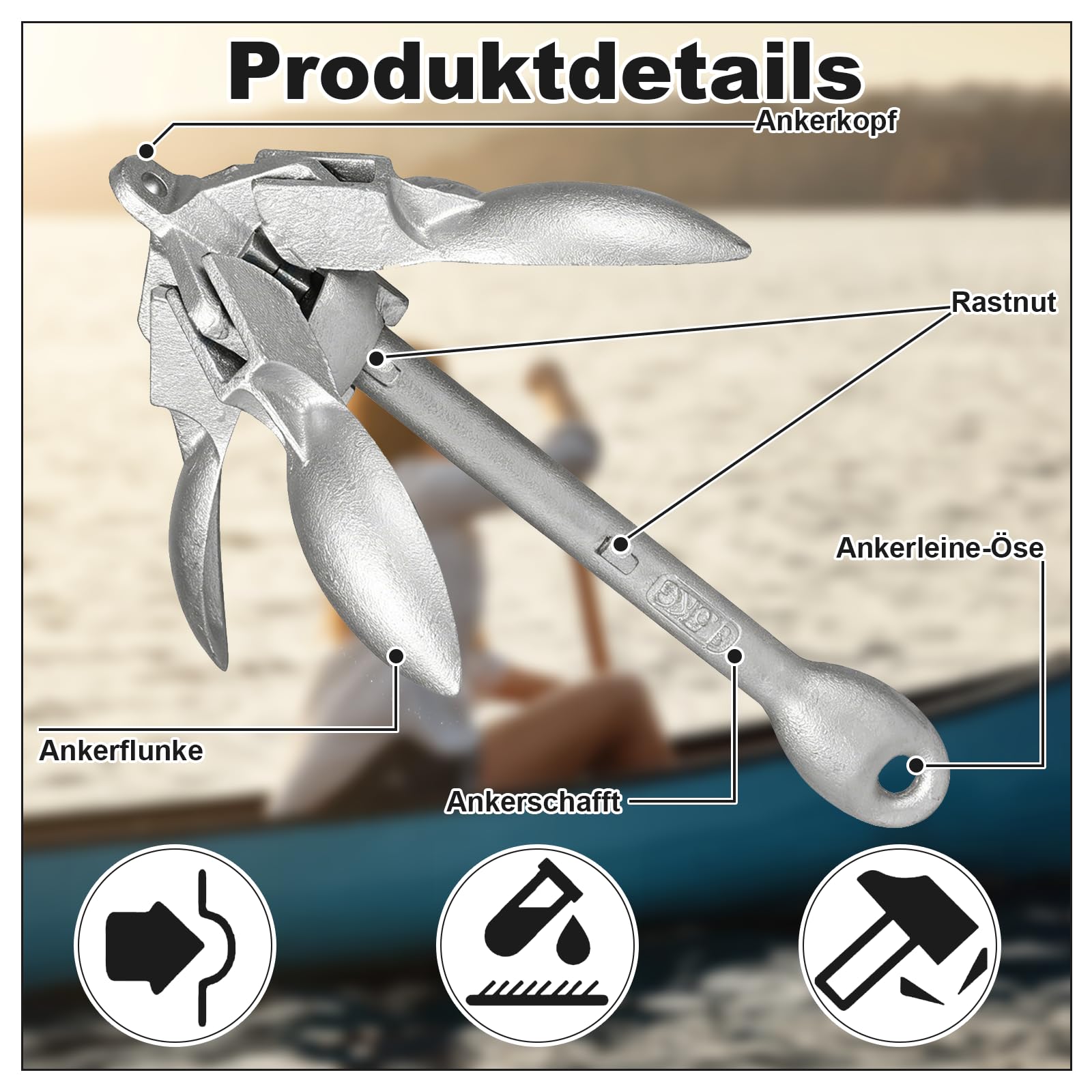 Anker Boot 6KG Faltanker mit 20 m Ankerleine und Tasche, Bootsanker für Kajak, Schlauchboot, SUP-Board, Kanu und Motorboot, Bootszubehör für Wassersport, Outdoor und Angeln