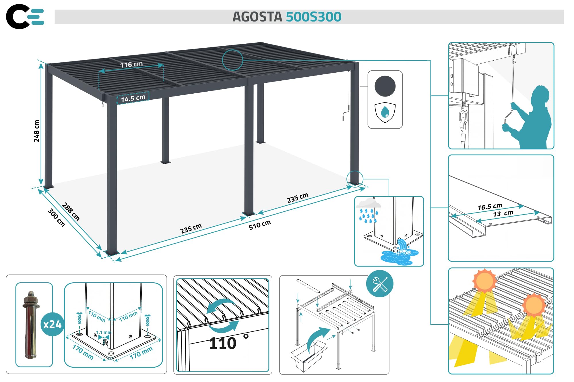 Cazeboo Pergola bioclimatica autoportante AGOSTA 5x3, altezza 250cm - Alluminio grigio