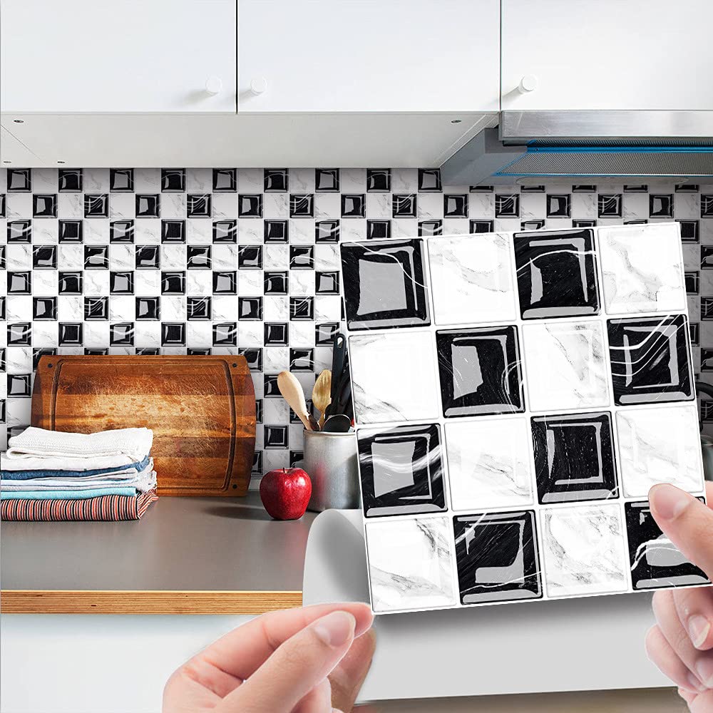 Hiseng 30pcs Wall Tile Stickers, Hiser Square Retro Marble Mosaic Style Waterproof Decals Sticker for Kitchen Living Room Bathroom Home Floor DIY Decor Self-Adhesive (black White,20x20cm)