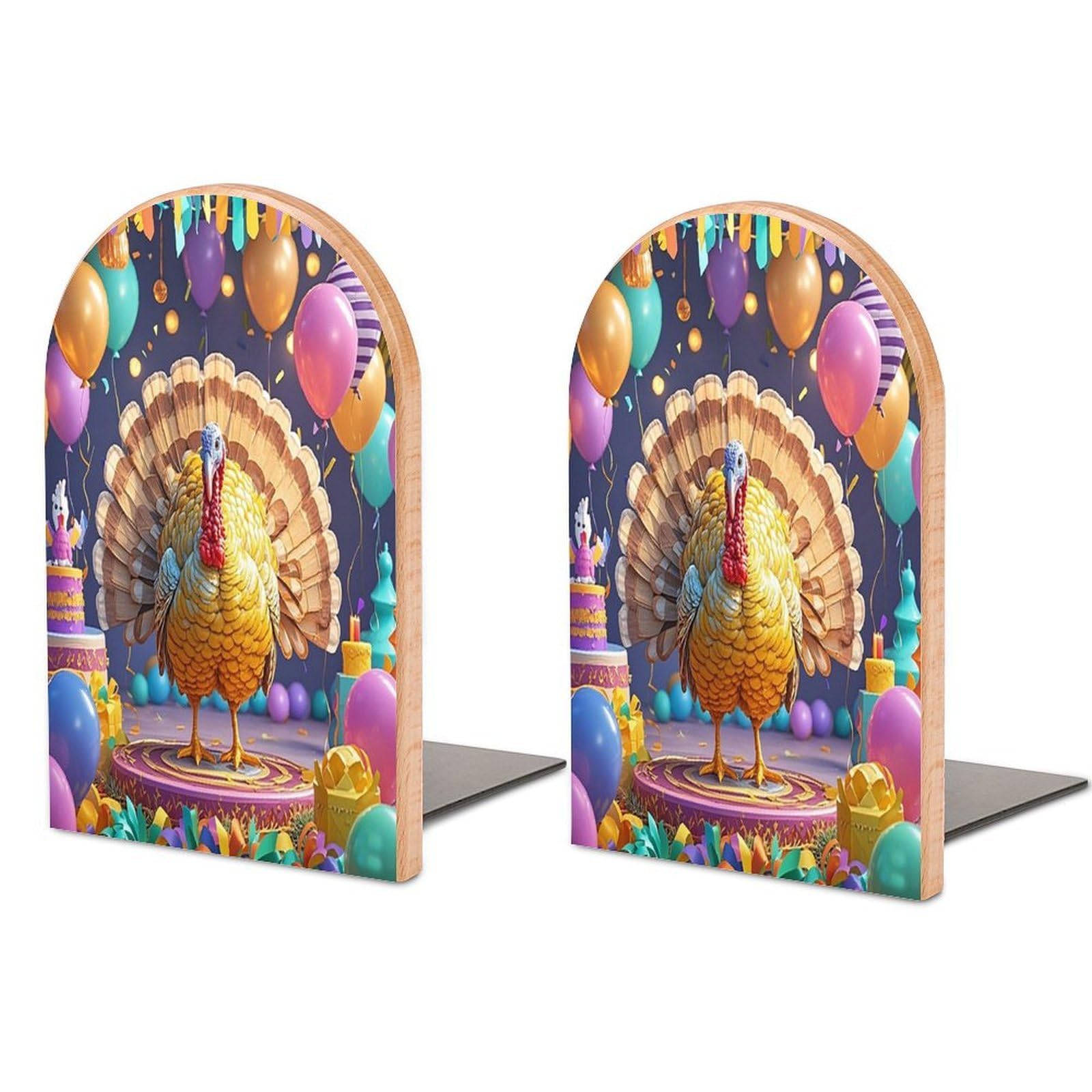Turkey Party Bookend for Shelves Unique Book End Sturdy Books Holder Heavy Duty Wooden Bookends Support Non-Slip Book Organizers Decorative Modern Bookend Holder for Home