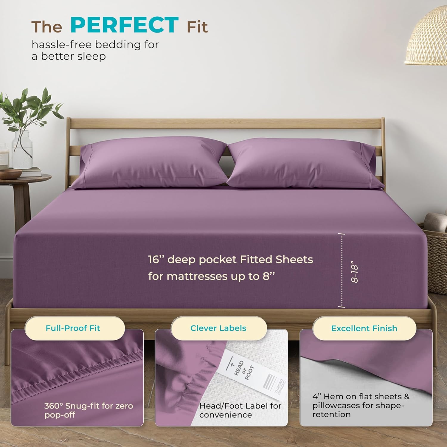 THREAD SPREAD 100% Egyptian Cotton Sheets Queen Size Bed Set - 4 PC 800 Series Euphoria Collection Egyptian Cotton Queen Sheet Set (Plum) Soft, Cooling, 16" Deep Pocket Sateen Hotel Bedsheet