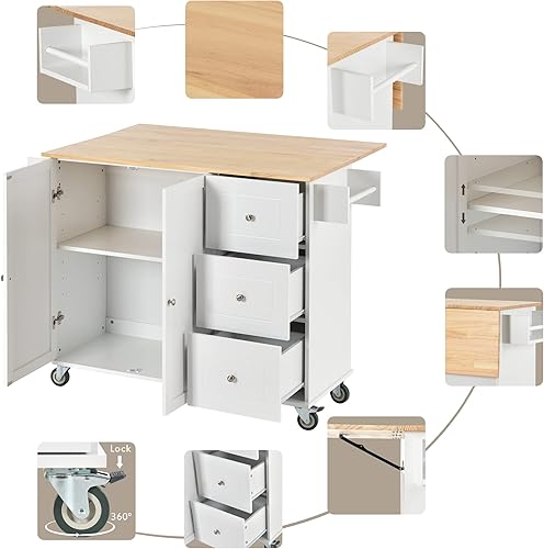 Miniatura 5 de Isla de cocina móvil rodante con parte superior de madera maciza y ruedas de bloqueo, 52.7 pulgadas de ancho, armario de almacenamiento y barra de