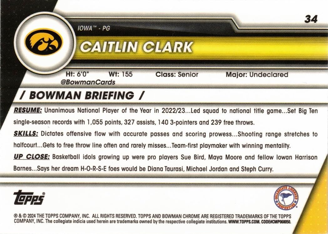 2023-24 Bowman University Chrome Sapphire Edition #34 Caitlin Clark Basketball Card Iowa