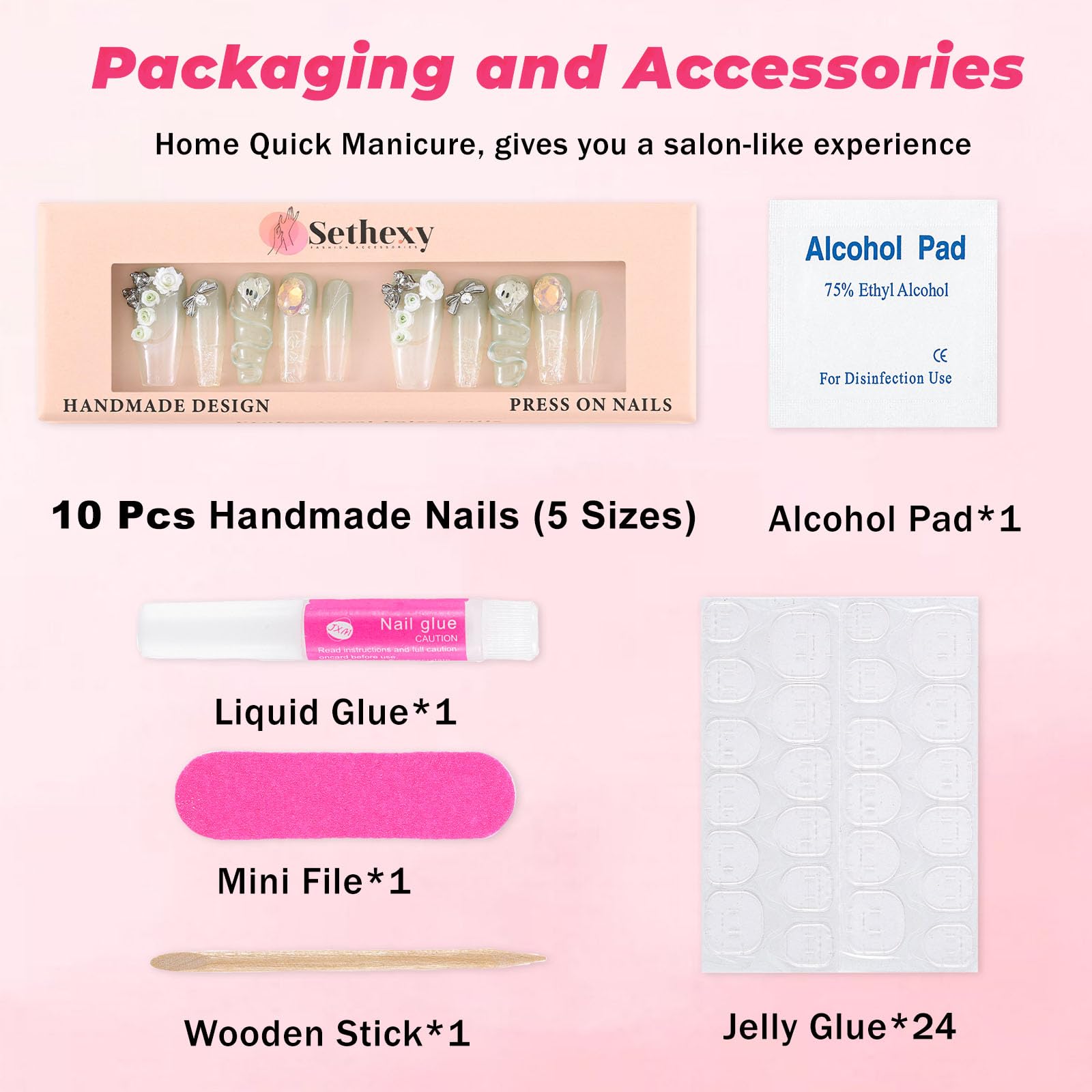 Bara lunga Chiodi a pressione Strass Gradiente Unghia finta Farfalla Rosa Unghie finte Brillantini Cristalli Unghie con colla riutilizzabile per donne e ragazze 10Pz