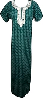 Mogul Interior Women's Caftan Dress Neck Embroidered Cotton Kaftan Nightgown L