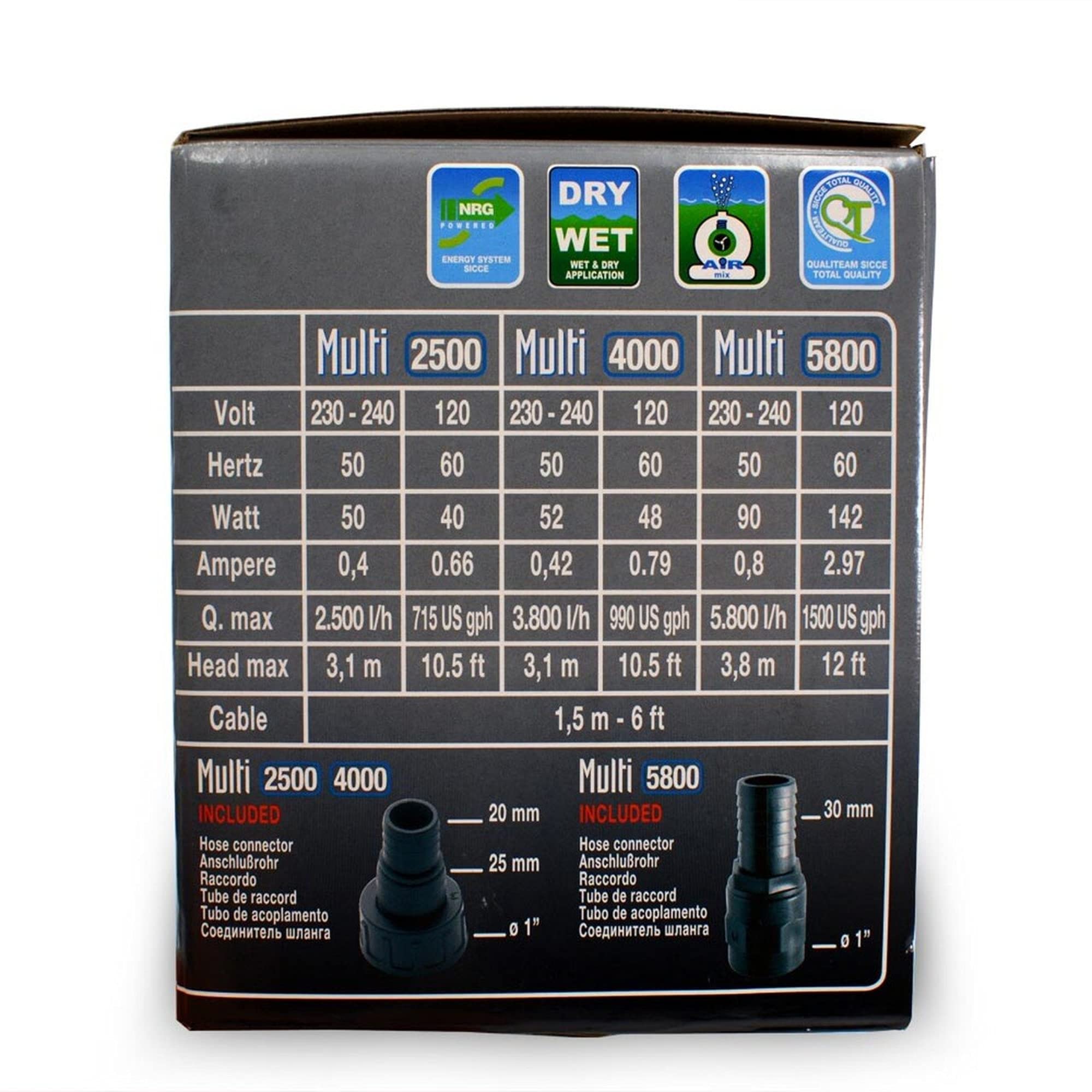 SICCE Pompe d'aquarium multifonction MULTI 5800, 1500 GPH, conçue pour une utilisation en immersion et en ligne.