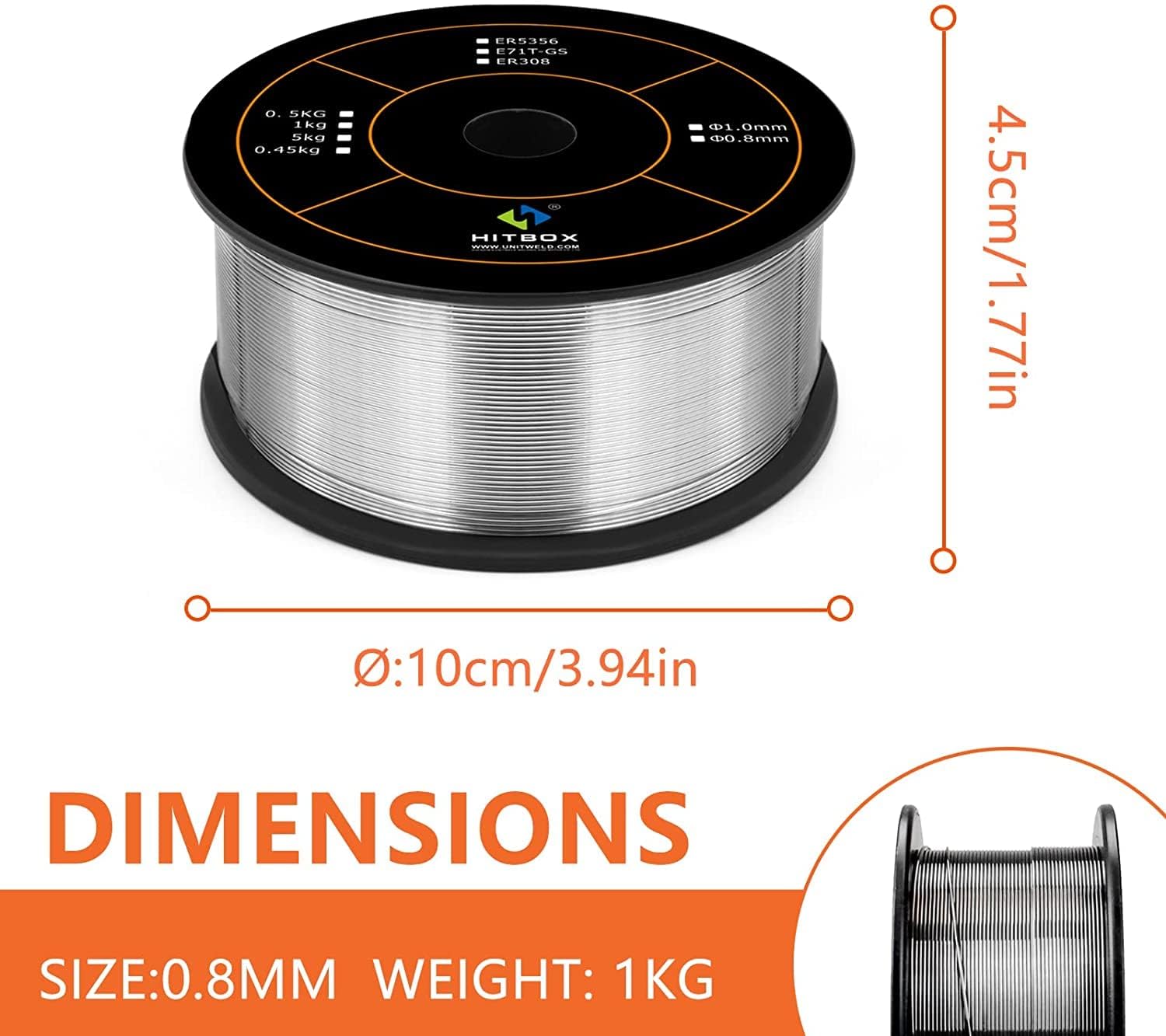 Dimensions of the 1kg (2.2lb) 0.030 inch / 0.8mm flux core wire spool, showing a diameter of 10cm (3.94in) and height of 4.5cm (1.77in)