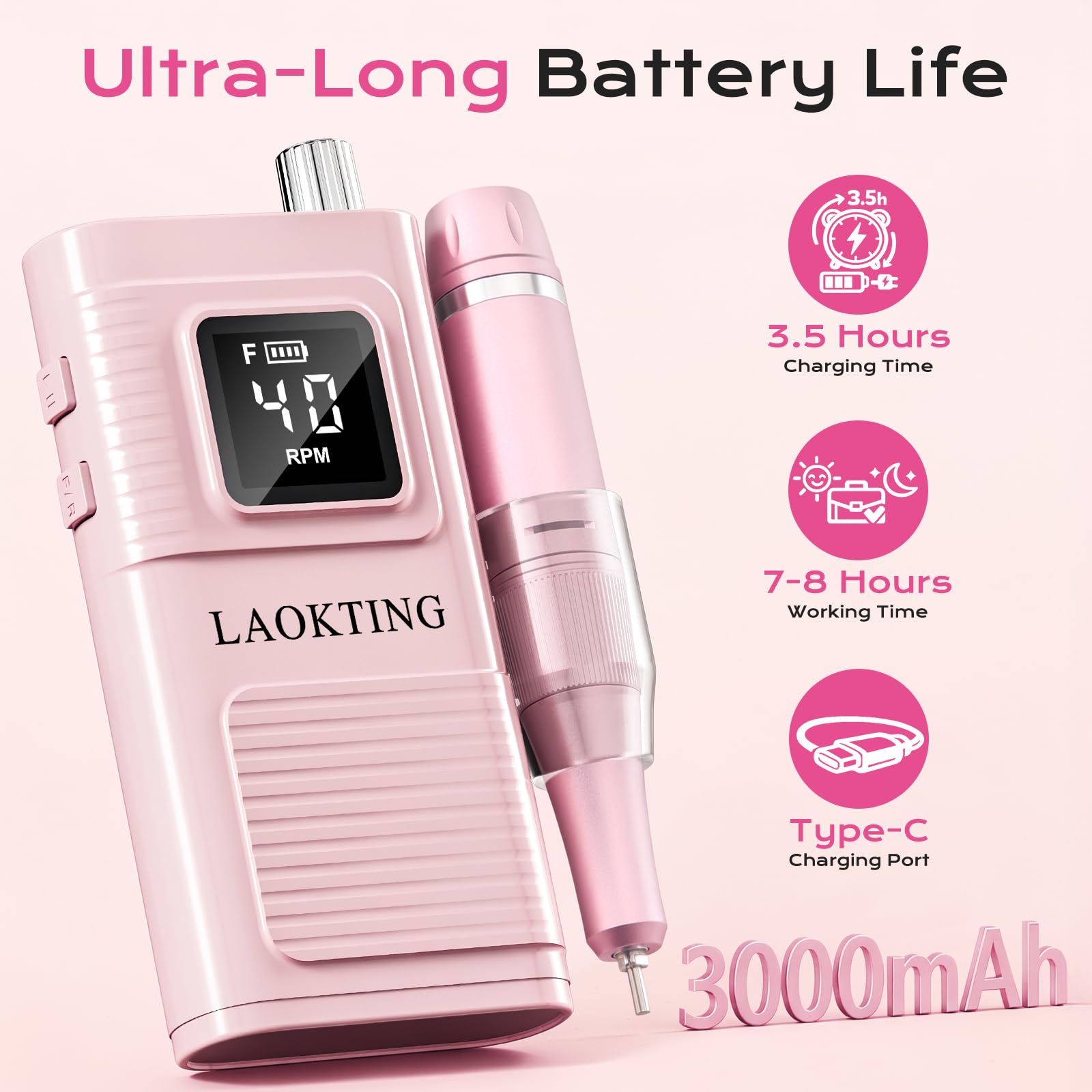 Kit profesional de taladro eléctrico de uñas, 40000 RPM tipo C, máquina de uñas de archivo E inalámbrico con pantalla LCD, 7 brocas, 56 bandas de lijado para el hogar/salón, cuidado de uñas práctica y