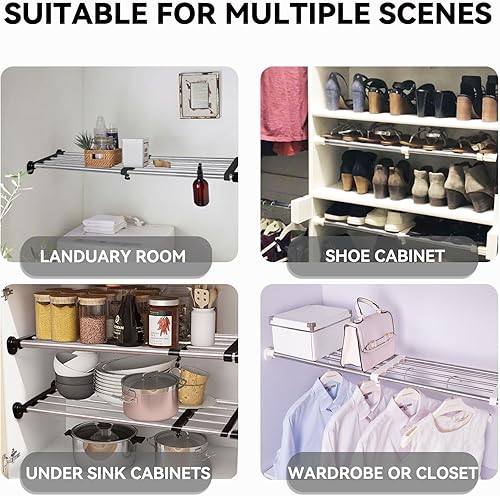 Miniatura 5 de Yuanjimi Estantes de montaje en pared para armario, estante de tensión ampliable, fácil de instalar para despensa, armario, lavandería,
