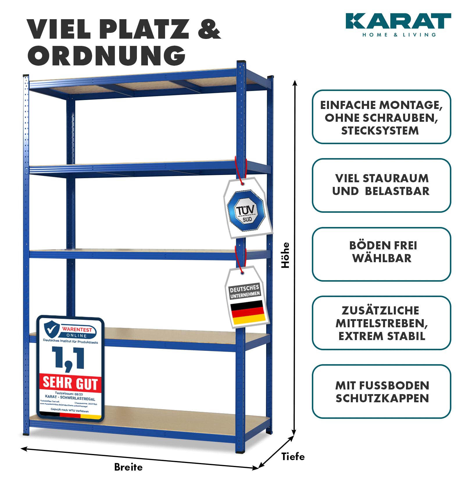 Karat Estantería para Cargas Pesadas, 180 x 90 x 60 cm, sin Tornillos, para sótano, de Metal, de Acero, 5 estantes Ajustables (Azul)