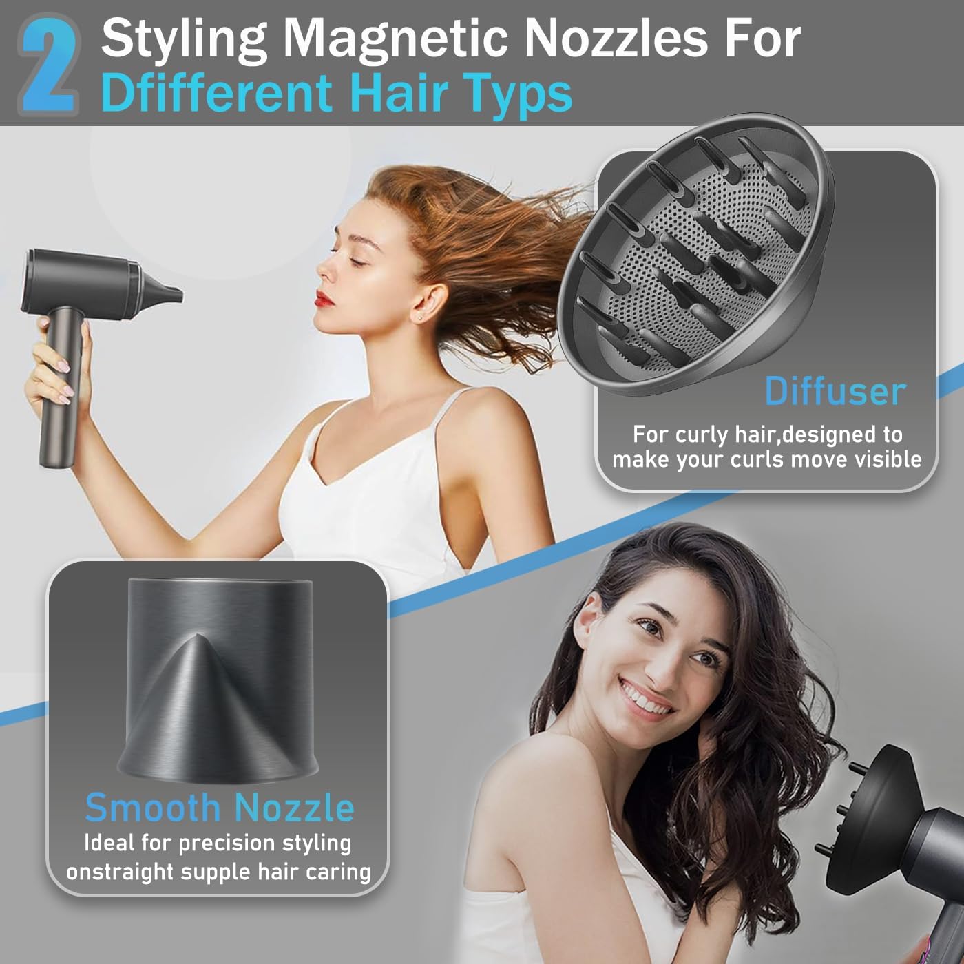CONGENIAL™ Ionic Hair Dryers, Fast Drying Blow Dryer with Ceramic Technology for All Hair Types Curly Hair with Diffuser, Light Quiet and Powerful (Grey)
