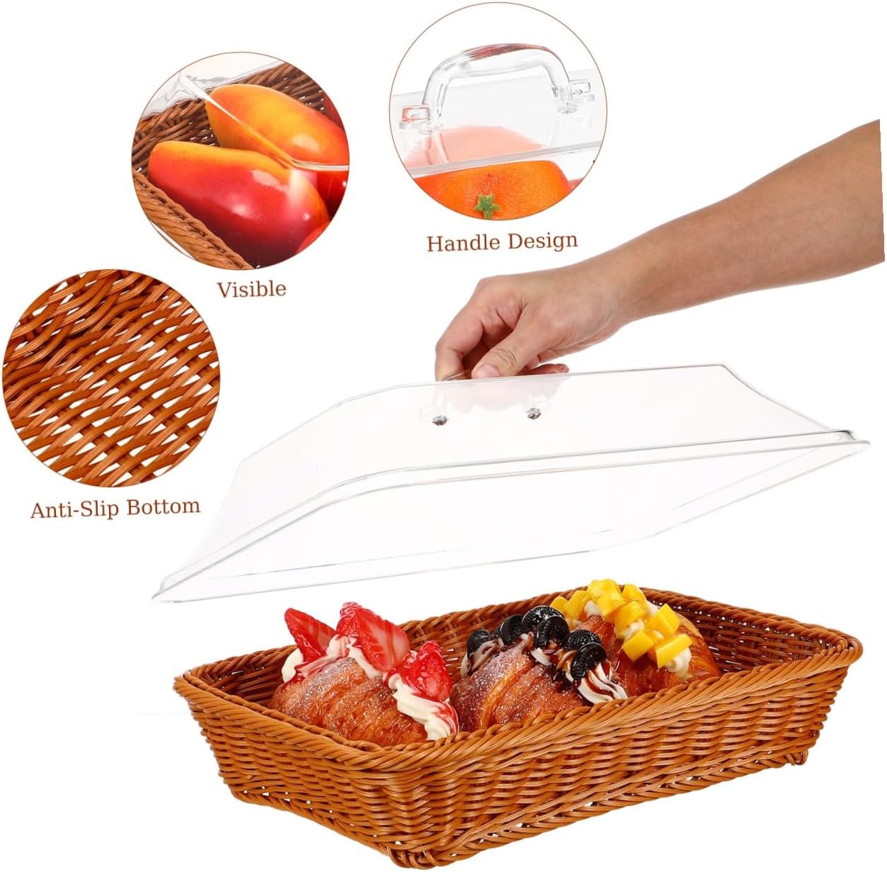 Ciieeo Rattan Basket with Lid 35x25x15cm Faux Woven Bread and Fruit Serving Basket for Kitchen Dining Table and Picnic Use