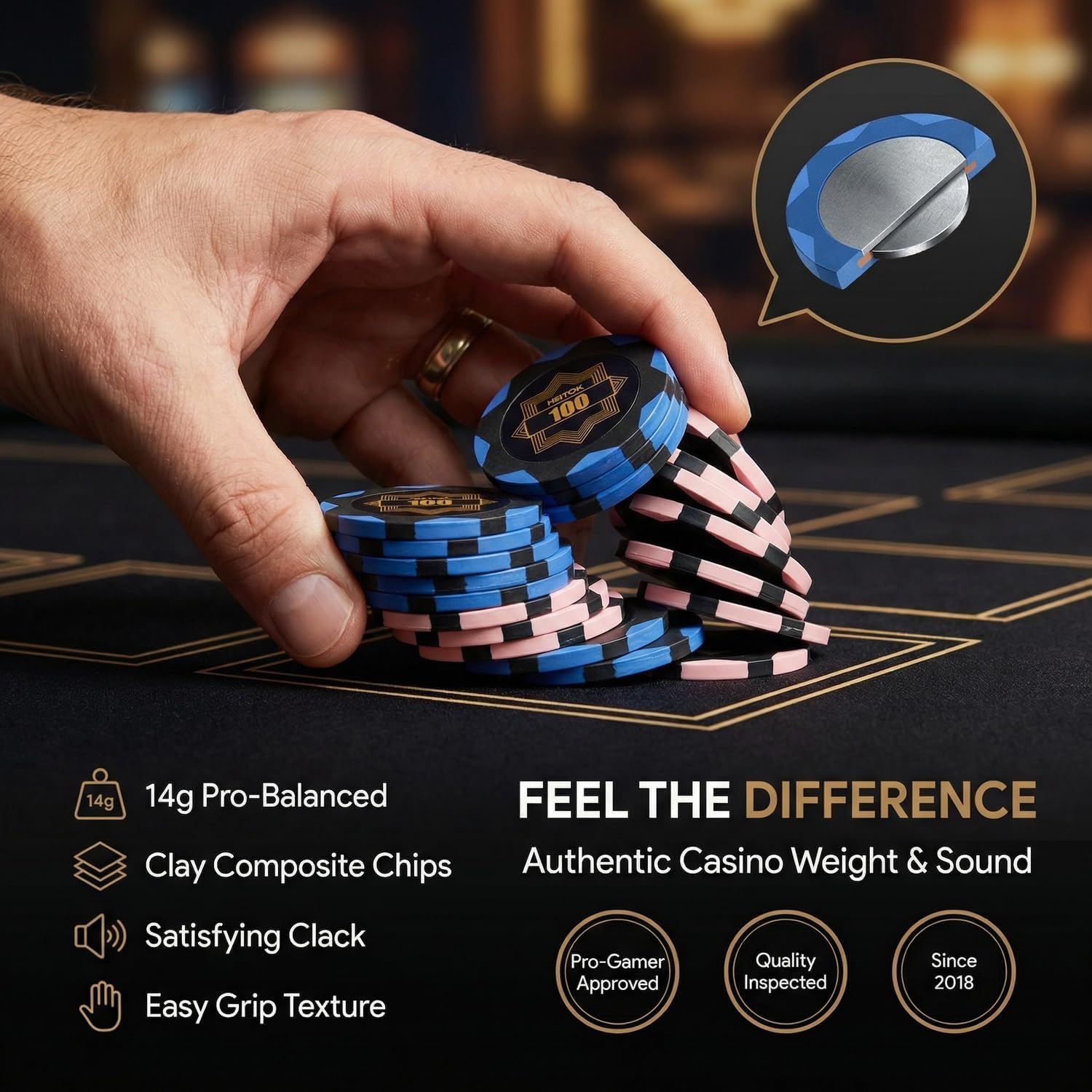 HEITOK Zestaw do pokera 300 żetonów 14g gliniane kompozytowe z metalowym rdzeniem, profesjonalna walizka aluminiowa, karty, kości i przyciski blind, kompletny zestaw Texas Holdem Casino