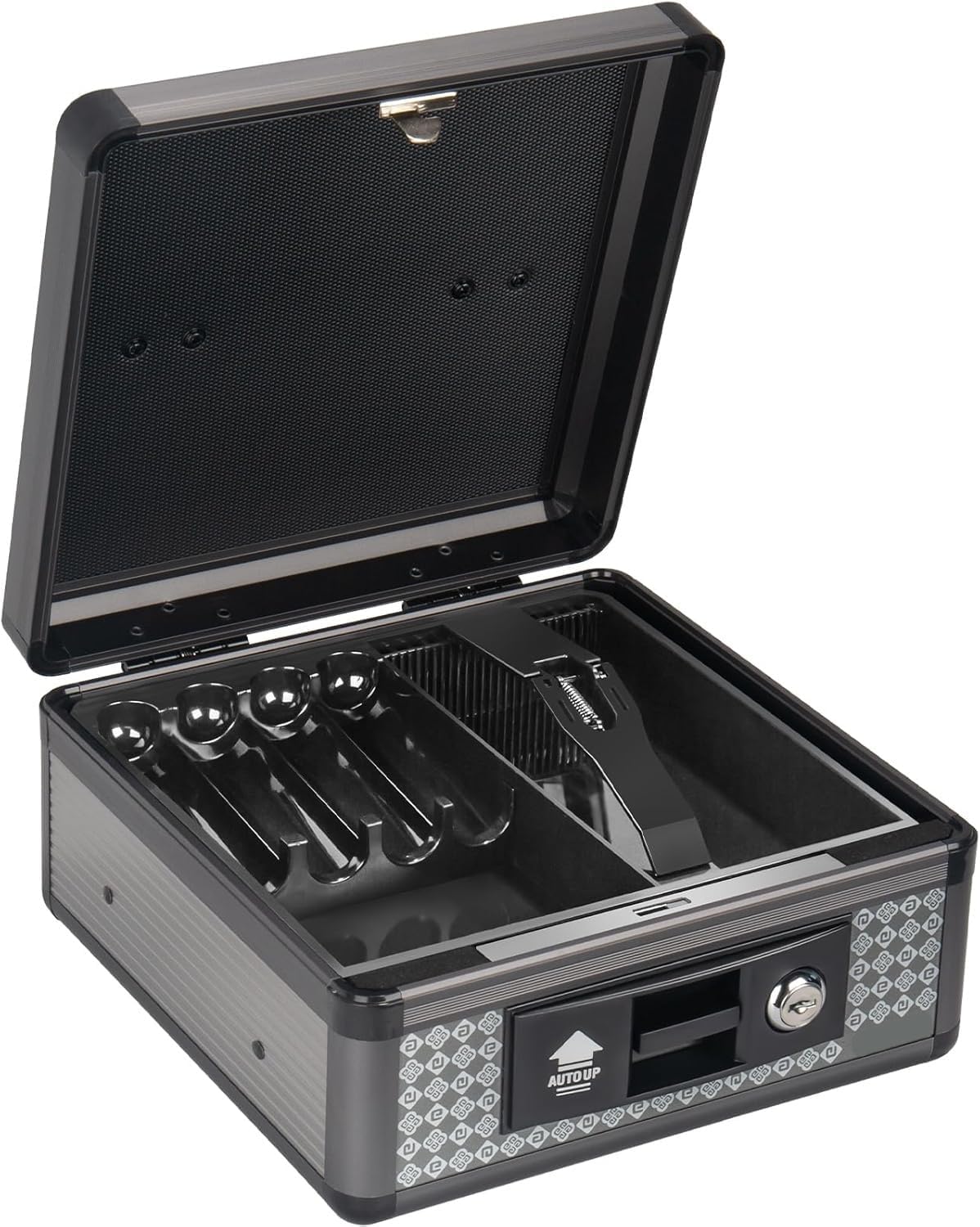 Suptikes Cash Collection Box with Lock | Durable Money Box with Key Lock & Coin Tray | Portable Metal Storage Safe for Dorm, Office, Home – 8.46 x 5.3 x 8.46 inch 4