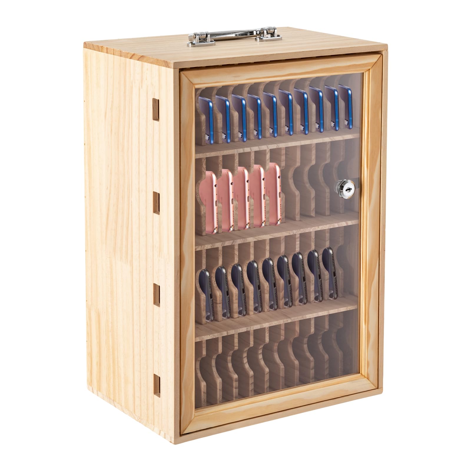 KONGKUNI Cell Phone Locker for Classroom, Wooden Cell Phone Storage Cabinet Pocket Chart with Handle and Lock, Cellphone Lock Box Cell Phone Holder for Office Employees Classroom (48 Slots)