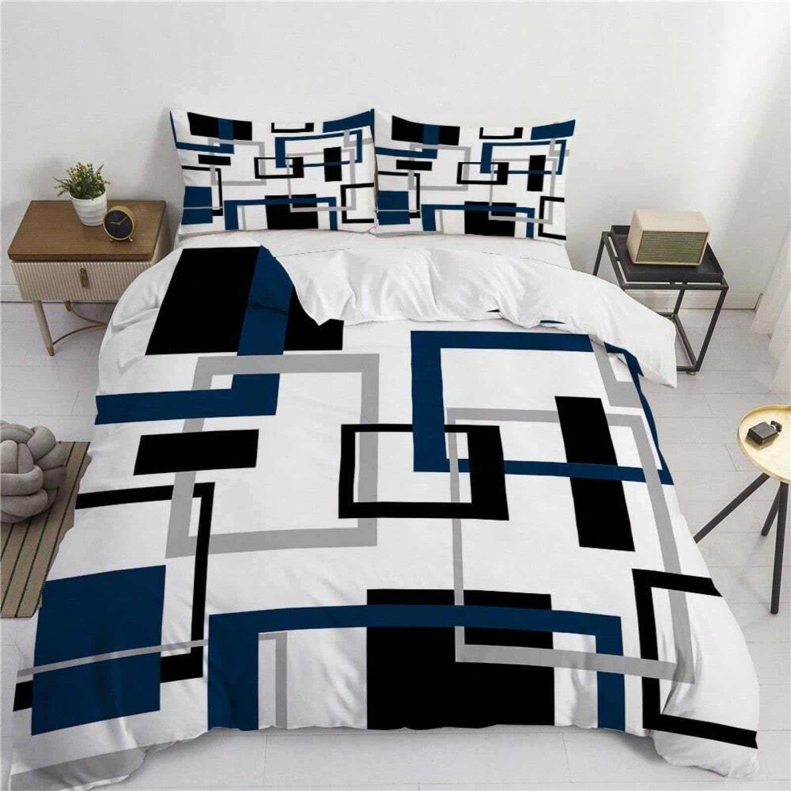Parure de lit imprimé géométrique bleu pour chambre et dortoir