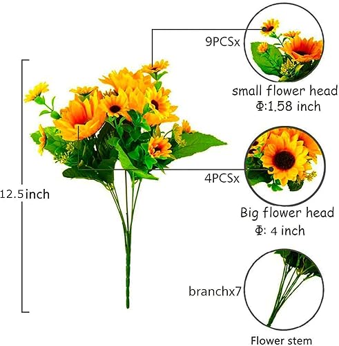 Miniatura 2 de Paquete de 6 girasoles artificiales con tallos para interiores y exteriores, girasol de seda artificial de 12 pulgadas con 13 cabezas de girasol y
