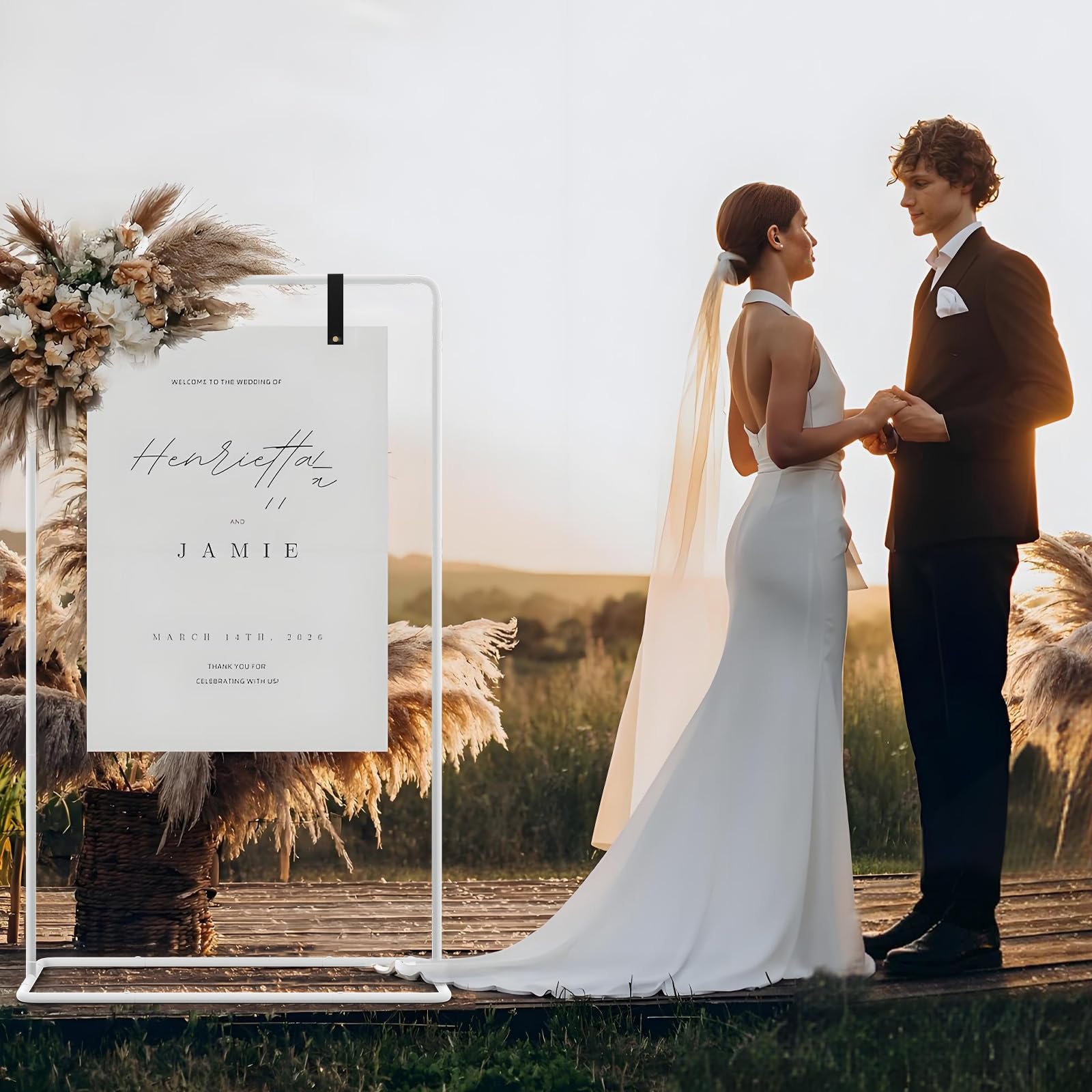 Supporto per cartelli matrimonio di 1,7M cavalletto per poster di matrimonio di festa, con luci a LED di 6M e 4 cinghie in pelle, cavalletto pesante per tabelle dei posti, ricevimenti e decorazioni