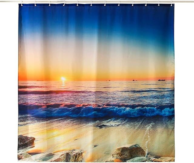 ENCOFT Shower Curtains 100% Polyester Bathroom Curtains Waterproof Anti Mould Bathroom Curtains 12PCS Hooks Bath Curtains (Sea, 180X180cm)
